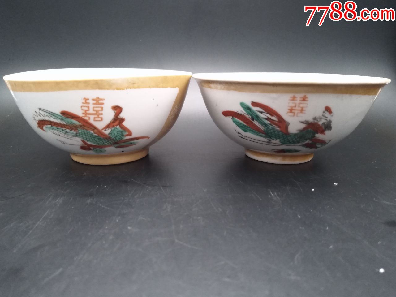 70年代手绘龙凤电光釉碗2只(尺寸形状不同)