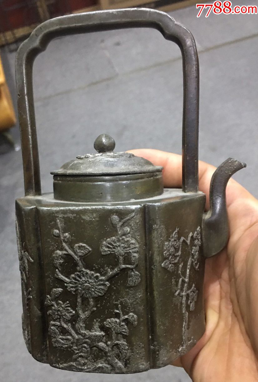 清代老锡壶带款白锡茶壶提梁壶造型特殊的锡器锡制品满工锡壶精美