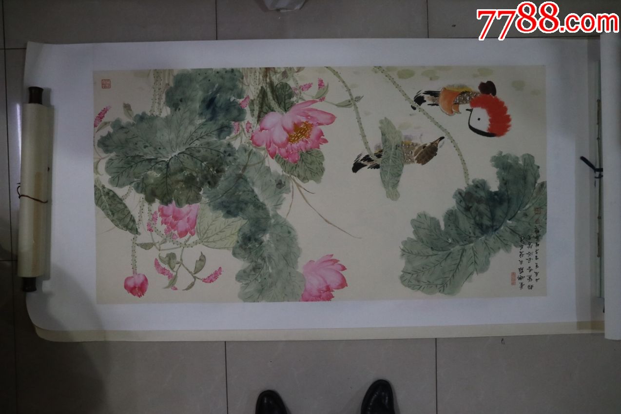 周午生鸳鸯戏水图镜片-花鸟国画原作-7788收藏