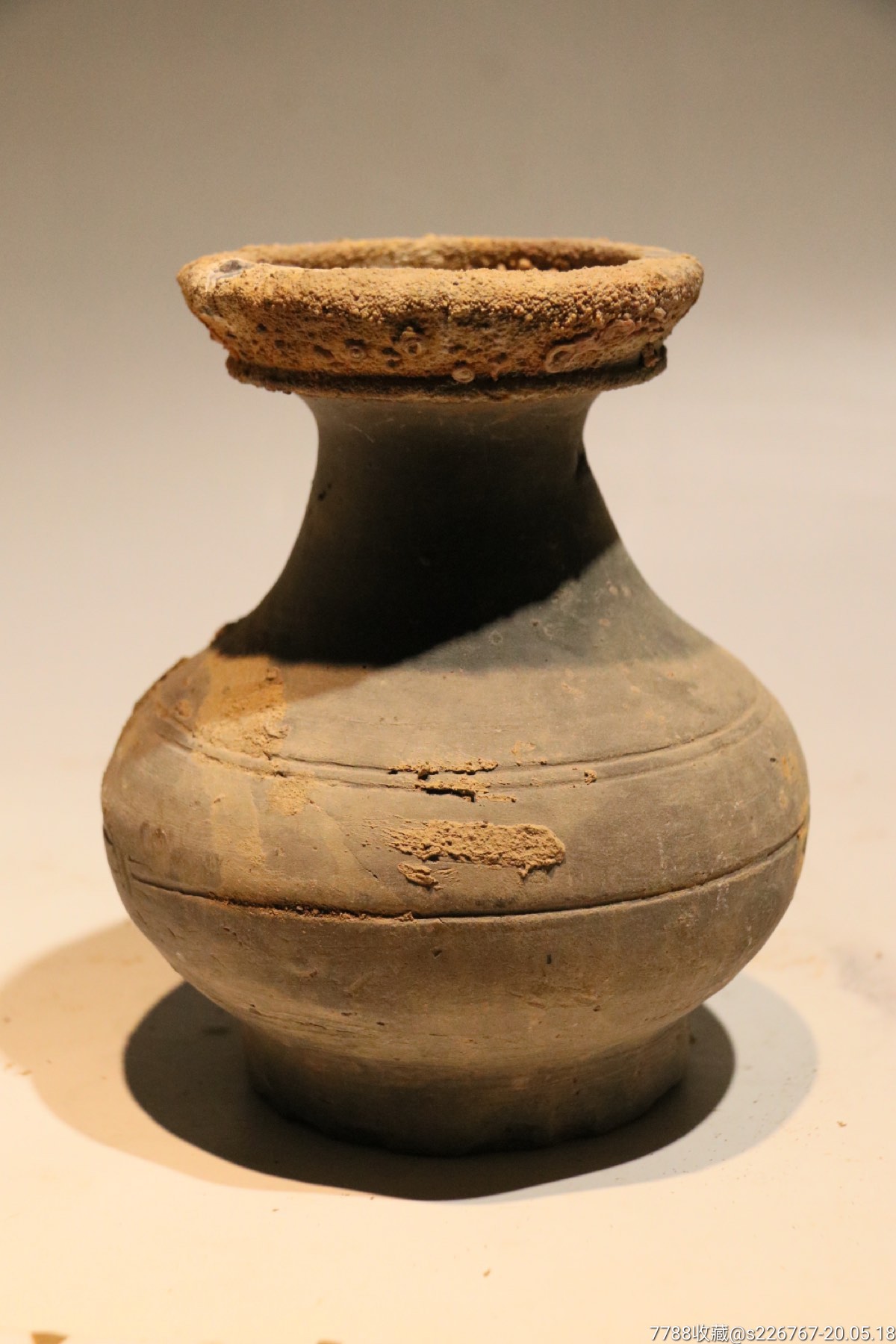 古玩陶器汉代灰陶盘口瓶
