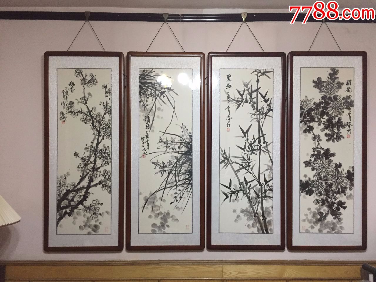 沈力国画家梅兰竹菊名家精品国画四条屏有收藏证书推荐收藏