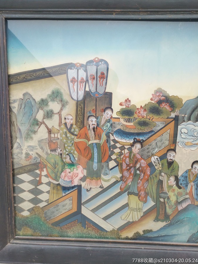 清代官家之用品楠木框,纯手绘汾阳王祝寿玻璃画挂屏,画工讲究,尺寸特