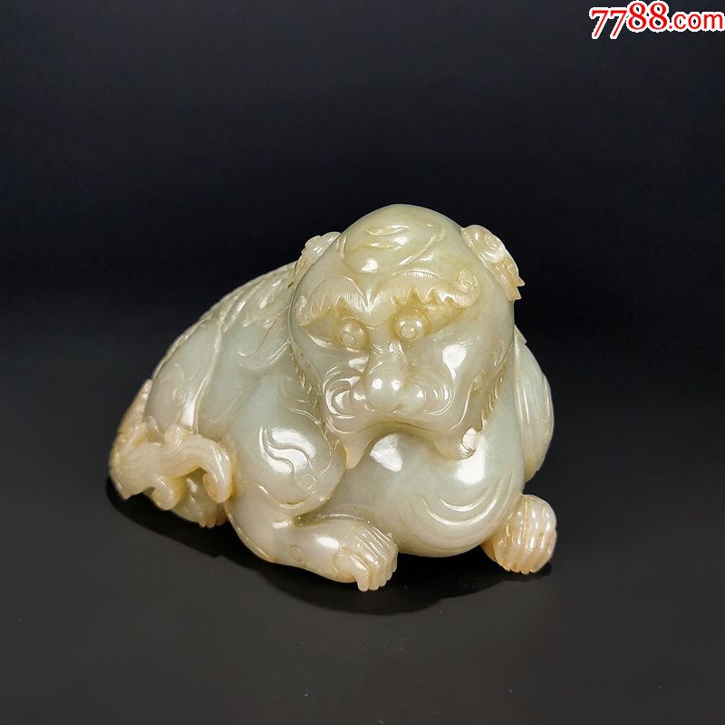 清中期和田玉籽料旧玉狮形摆件玉狮镇摆件纸镇古玉老玉收藏古玩_价格