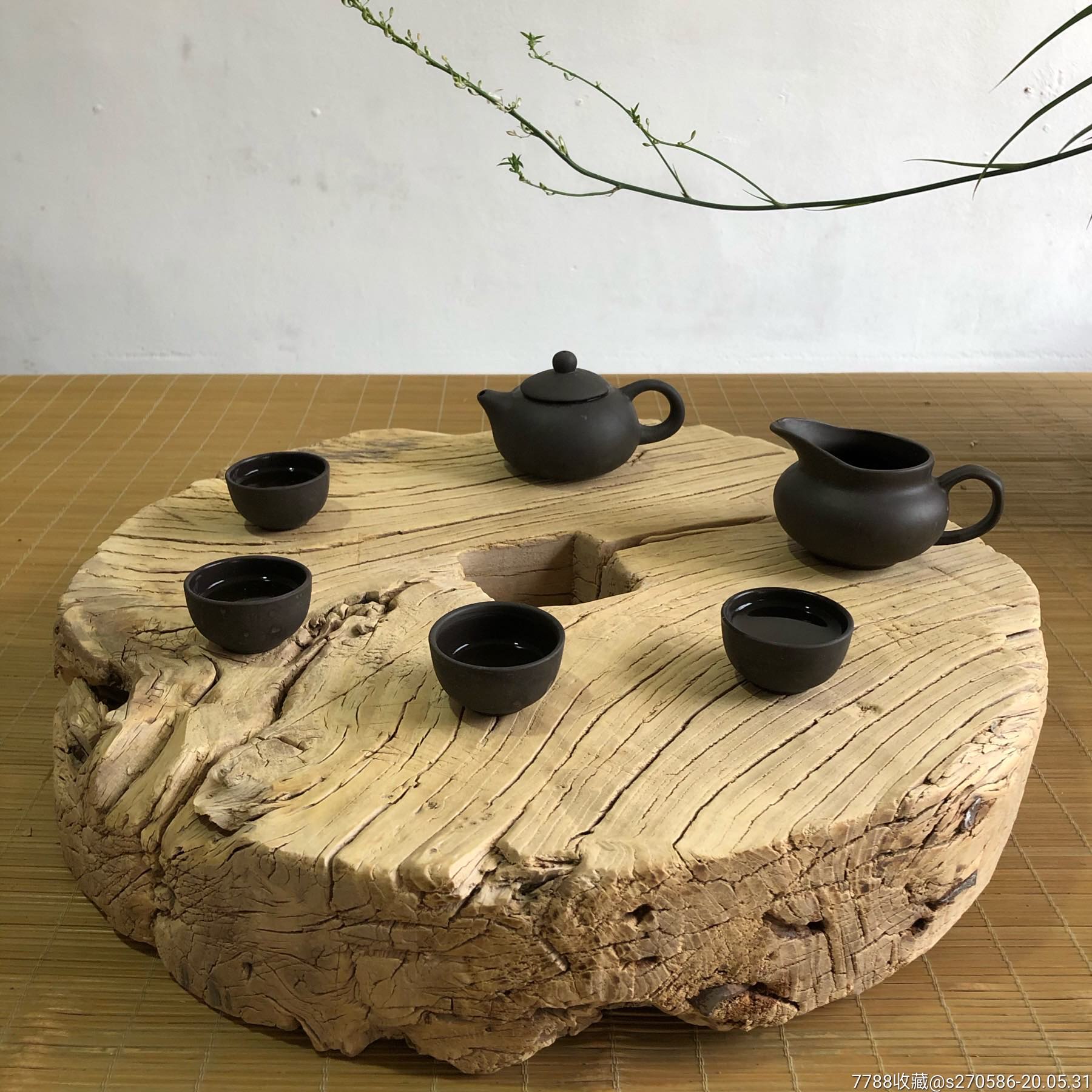 老榆木茶盘整块风化干泡台茶海功夫茶托实圆形木创意古朴原木茶船