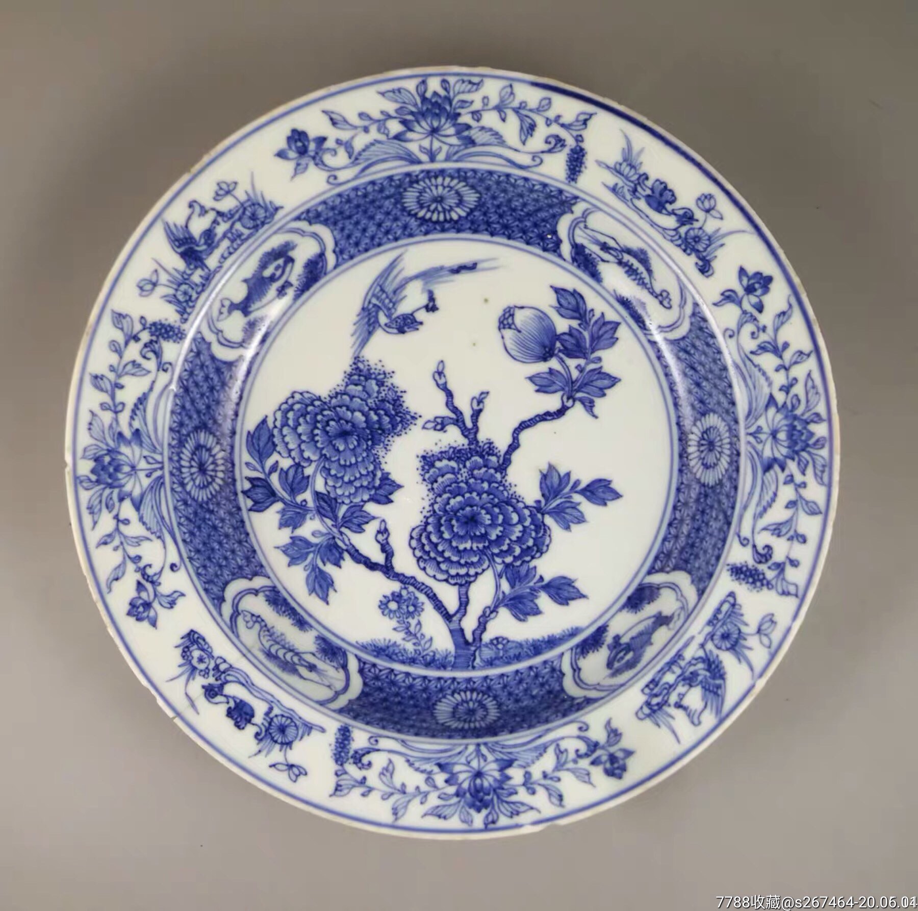 清代瓷器 乾隆青花花鸟纹折沿深盘