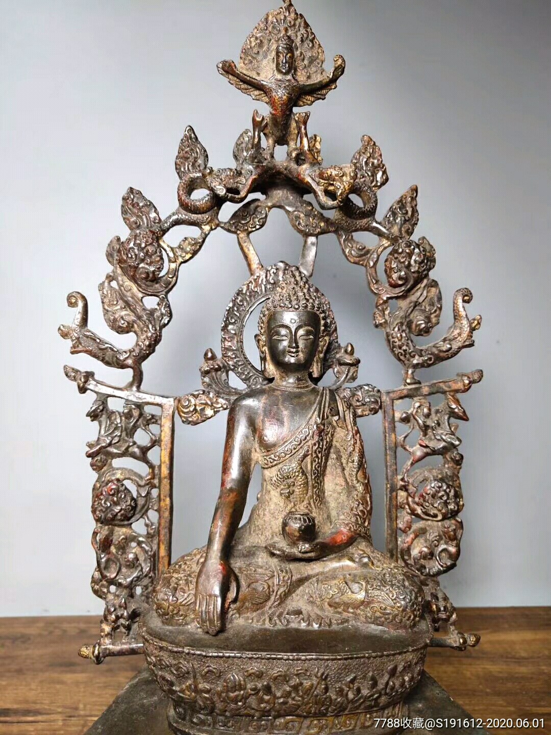 旧藏老铜胎泥金开光撒朱砂佛像大背光三体释迦药师佛一尊恭请供奉佛像