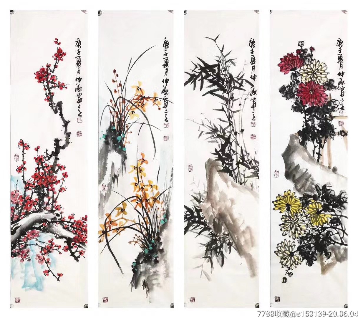 李仲源老师四尺对开四条屏,138*34厘米*4幅_花鸟国画原作_作品欣赏