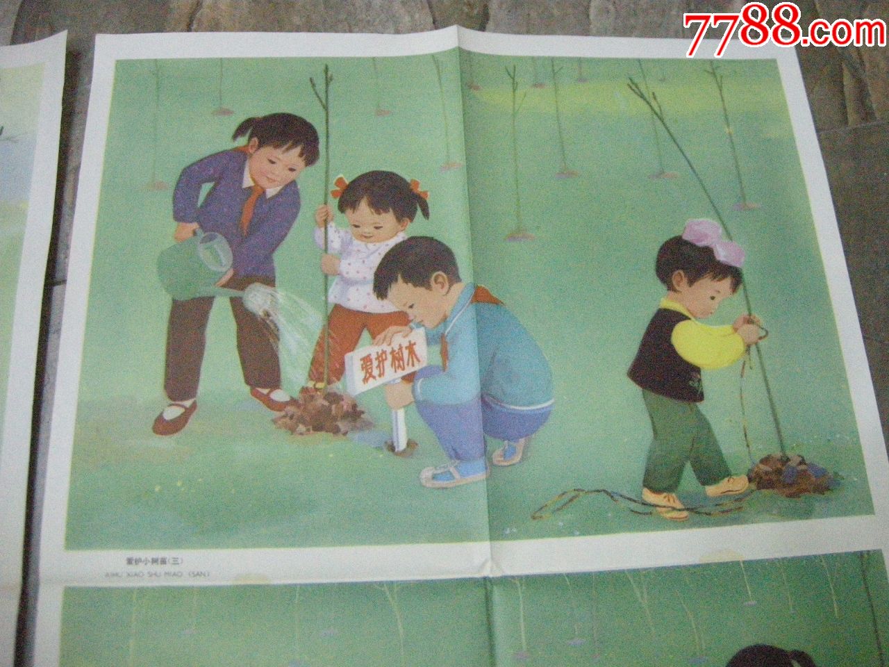 早期年画,挂图;2开--80年代《爱护小树苗》两张一套全