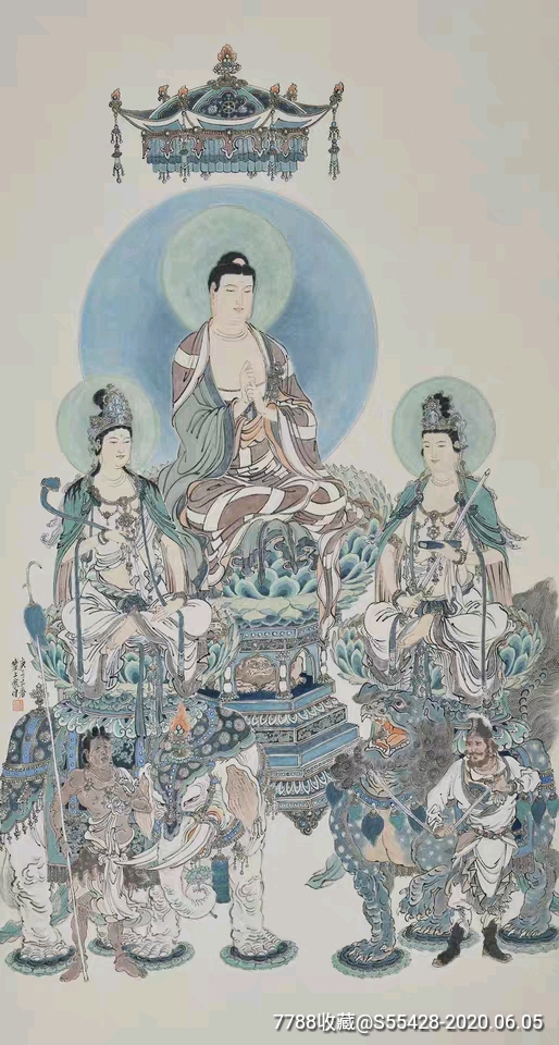 预售桶装李云中宣纸同尺寸仿真原稿《华严三圣》