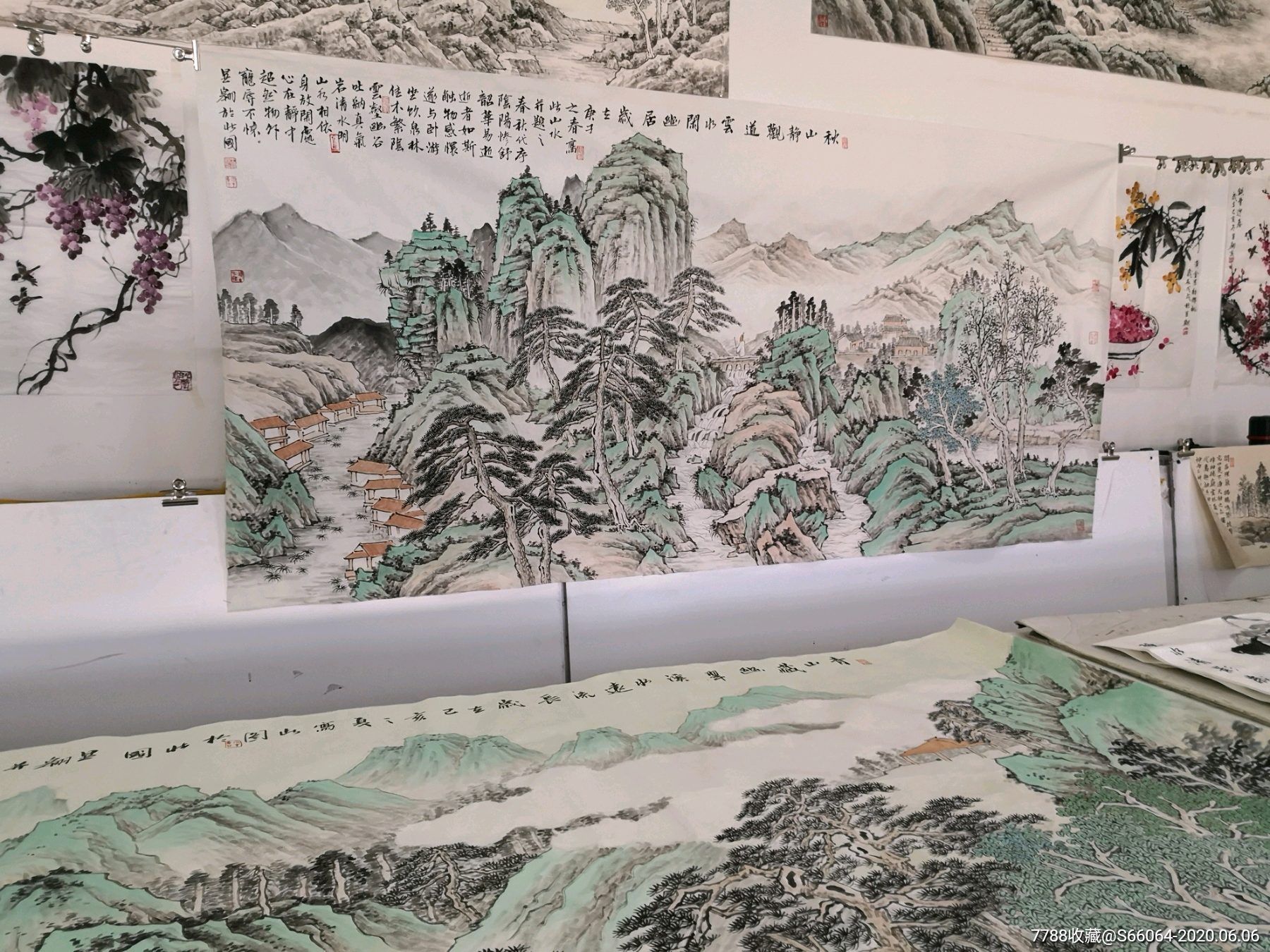 八尺横幅纯手绘青绿山水画