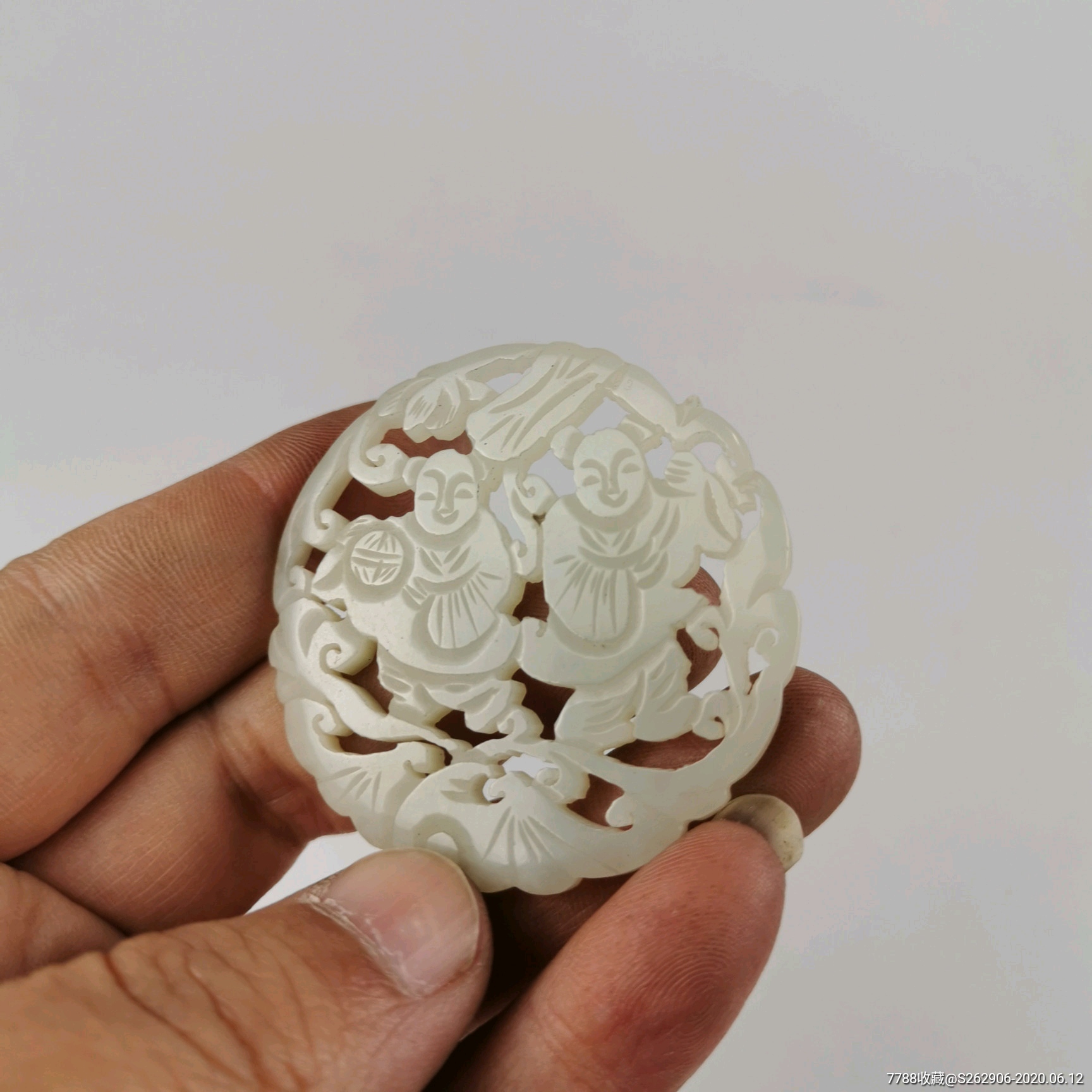 清代和田玉牌子合和二仙玉佩白玉镂空雕刻玉器佩饰