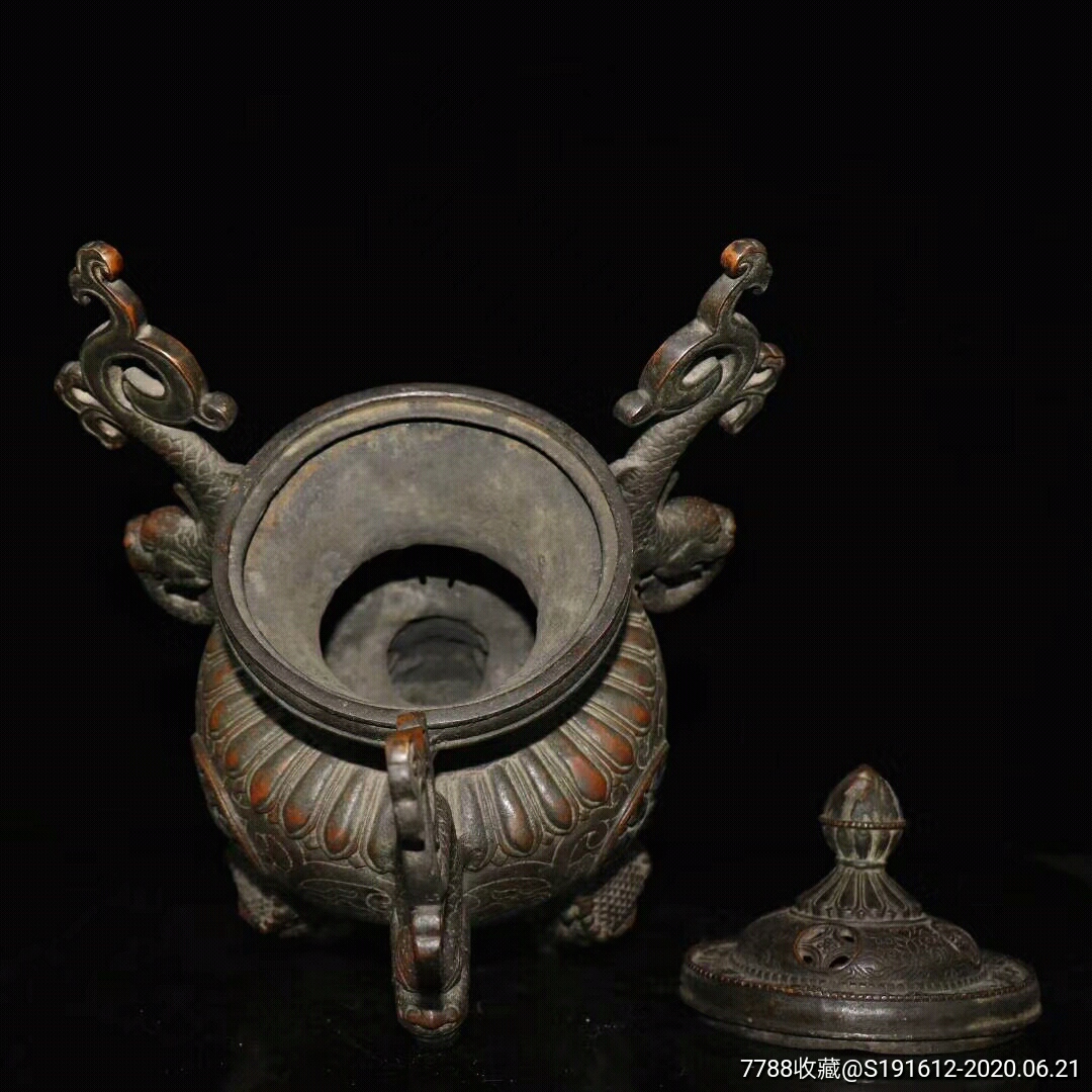 旧藏老铜胎螭龙耳神兽三足熏香炉摆件