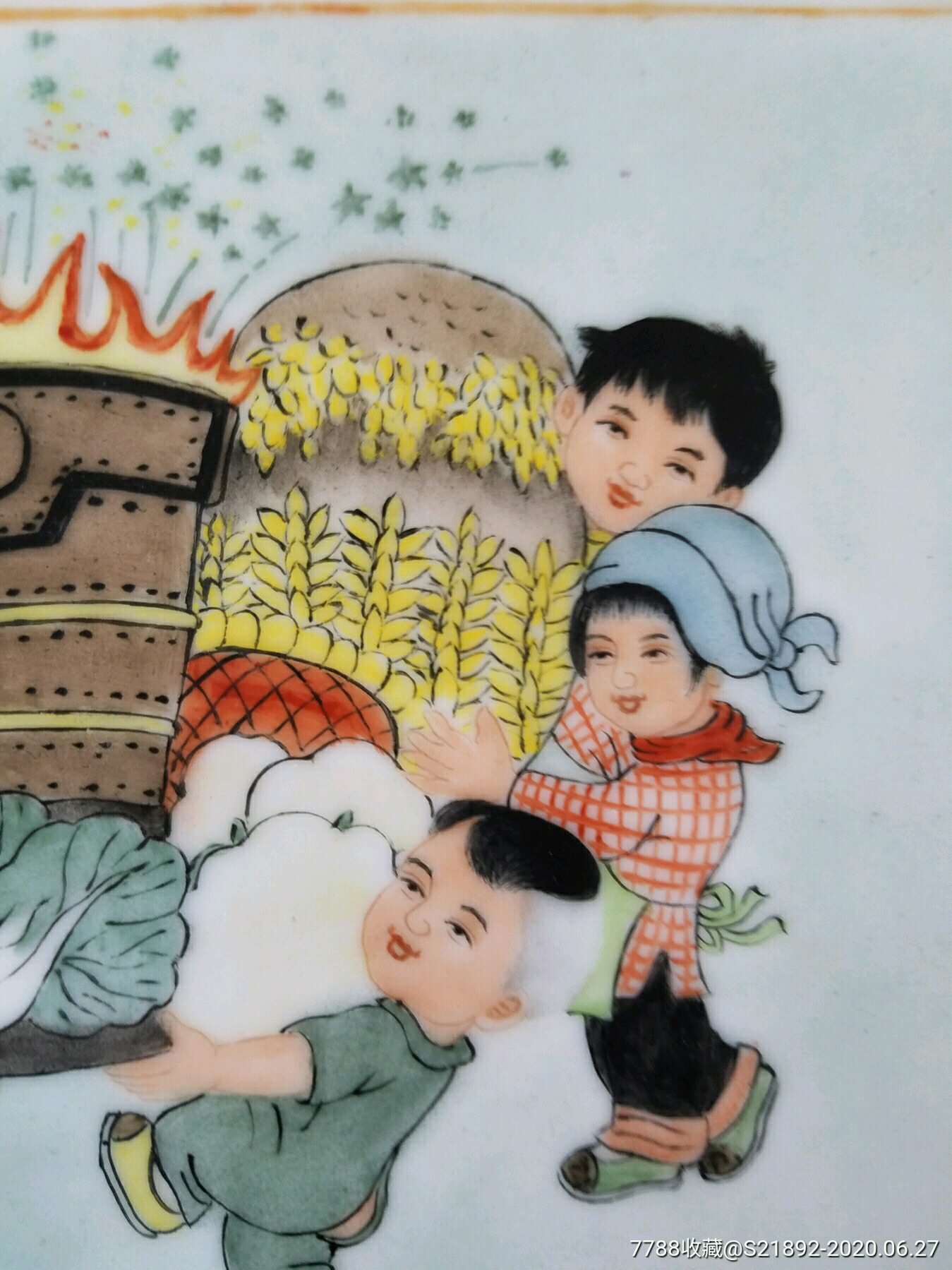 建国初名家精绘人物儿童丰收瓷板画