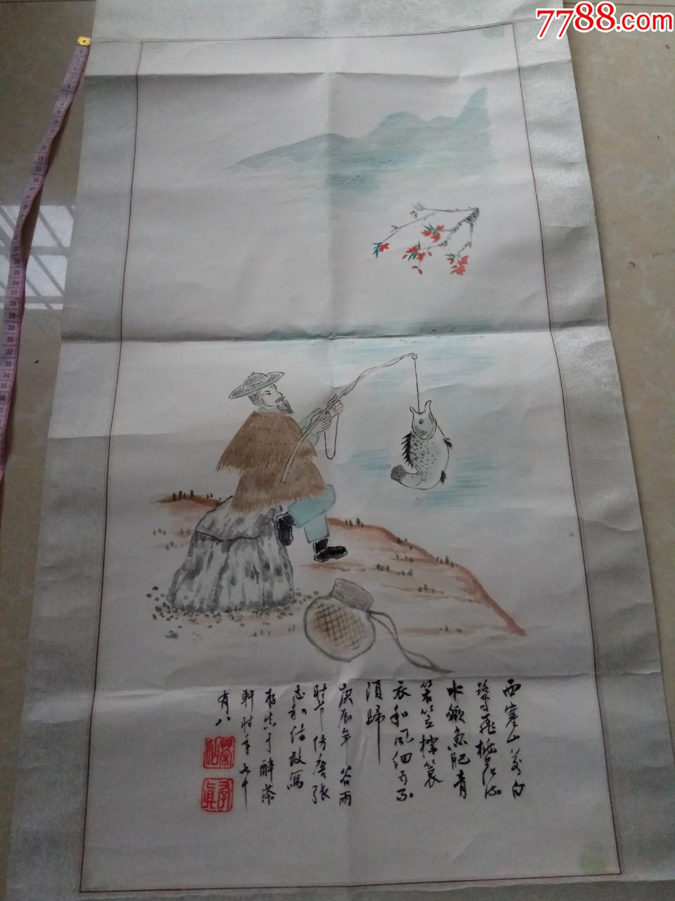老翁钓鱼国画-人物国画原作-7788字画网