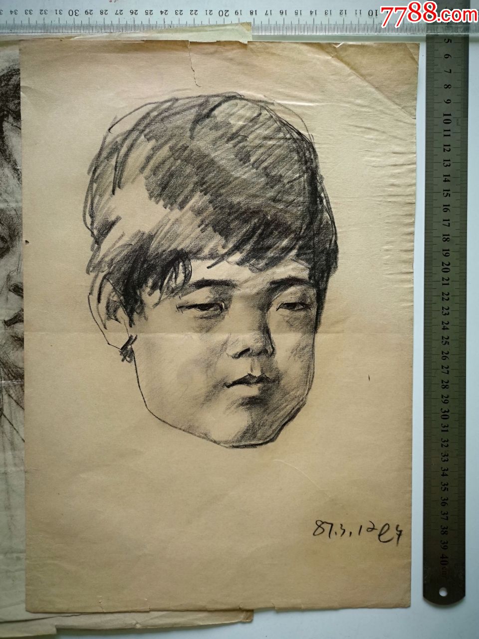 80-90年代人像素描手绘画稿原稿《带暖帽的老人侧像》等6幅合售