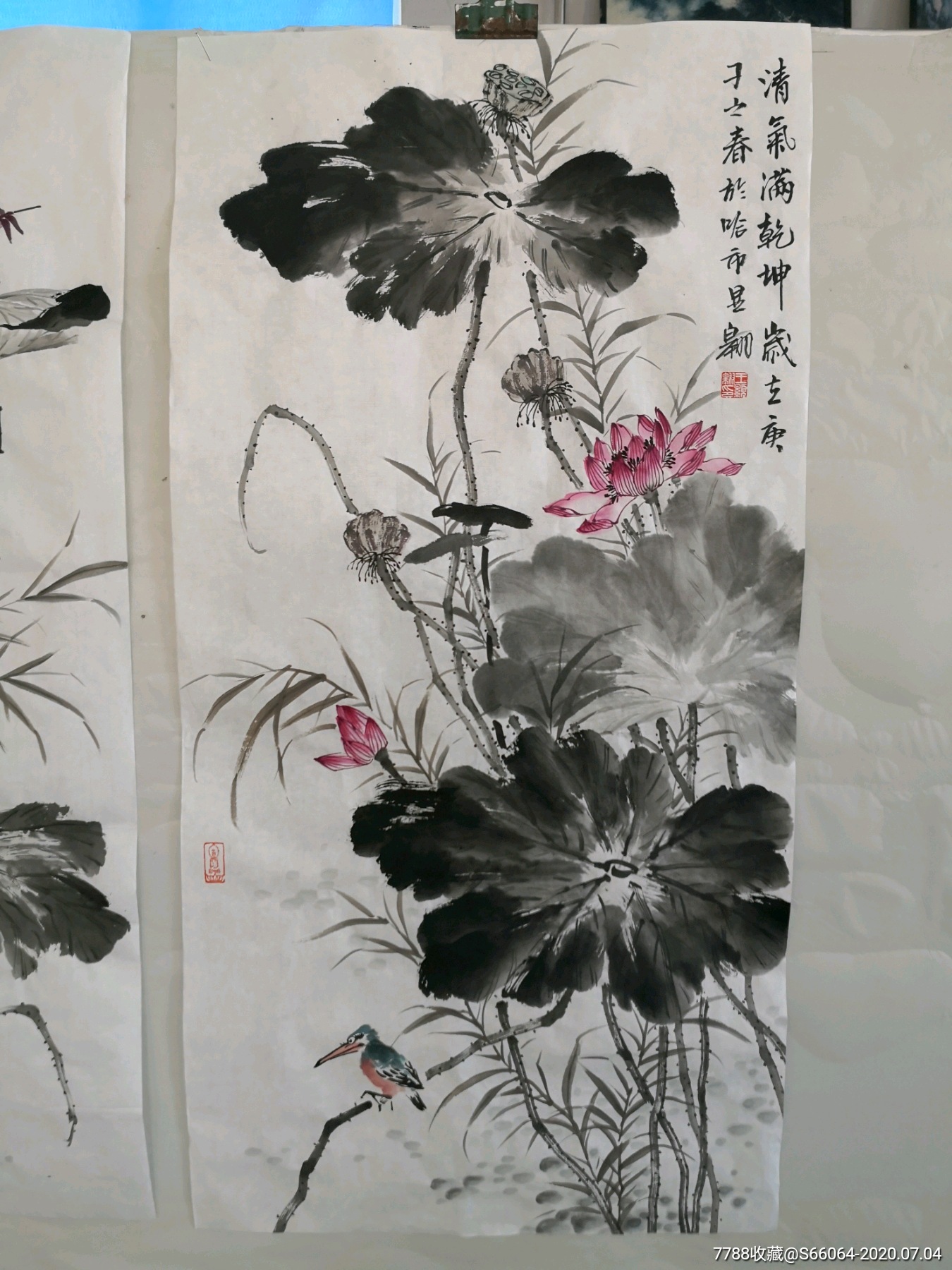 三尺水墨荷花四条屏纯手绘_花鸟国画原作【山水间画廊】_第5张_7788