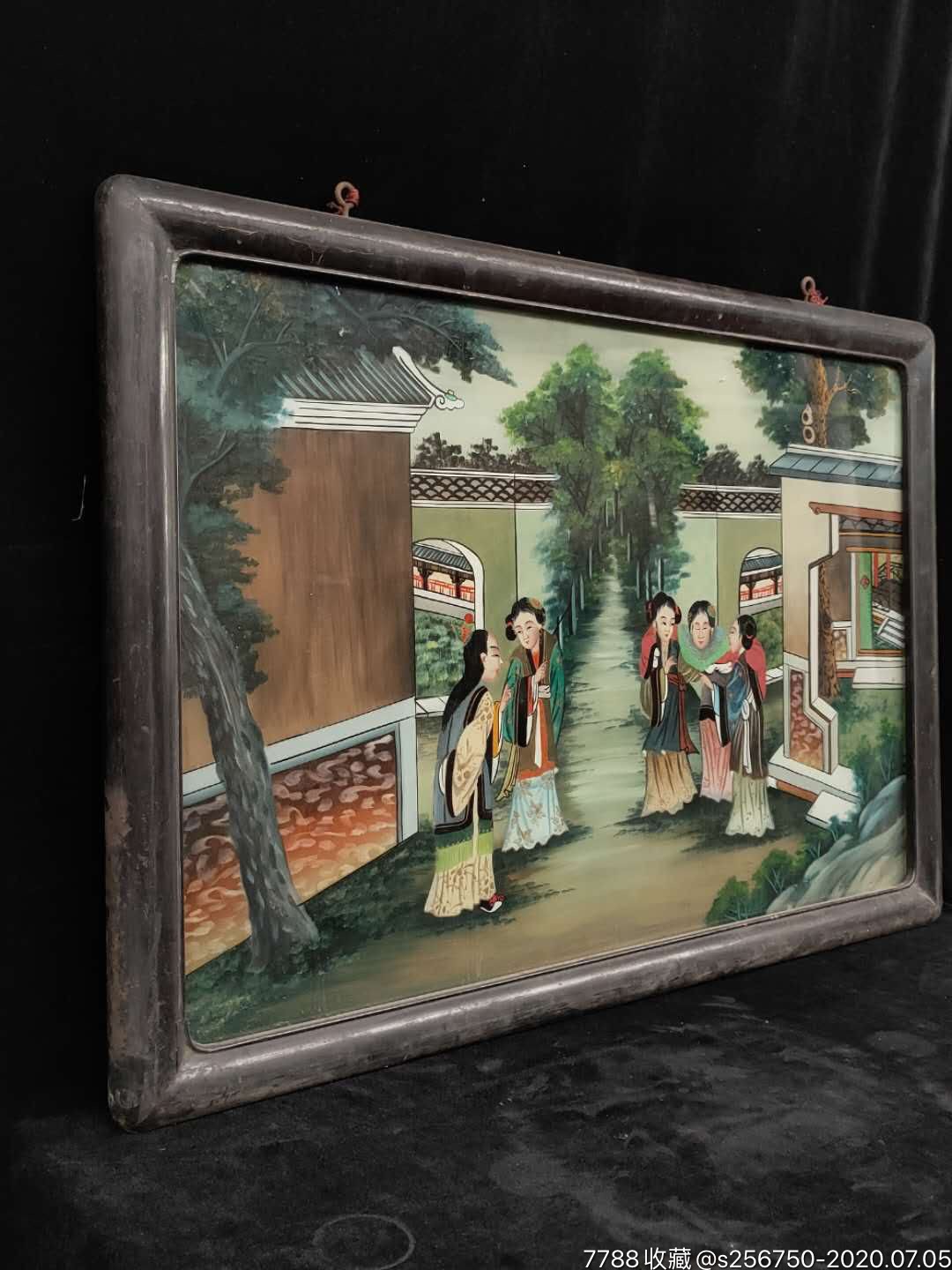 清代老楠木框玻璃画,手绘人物故事图案,画工精美漂亮人物刻画形象逼真