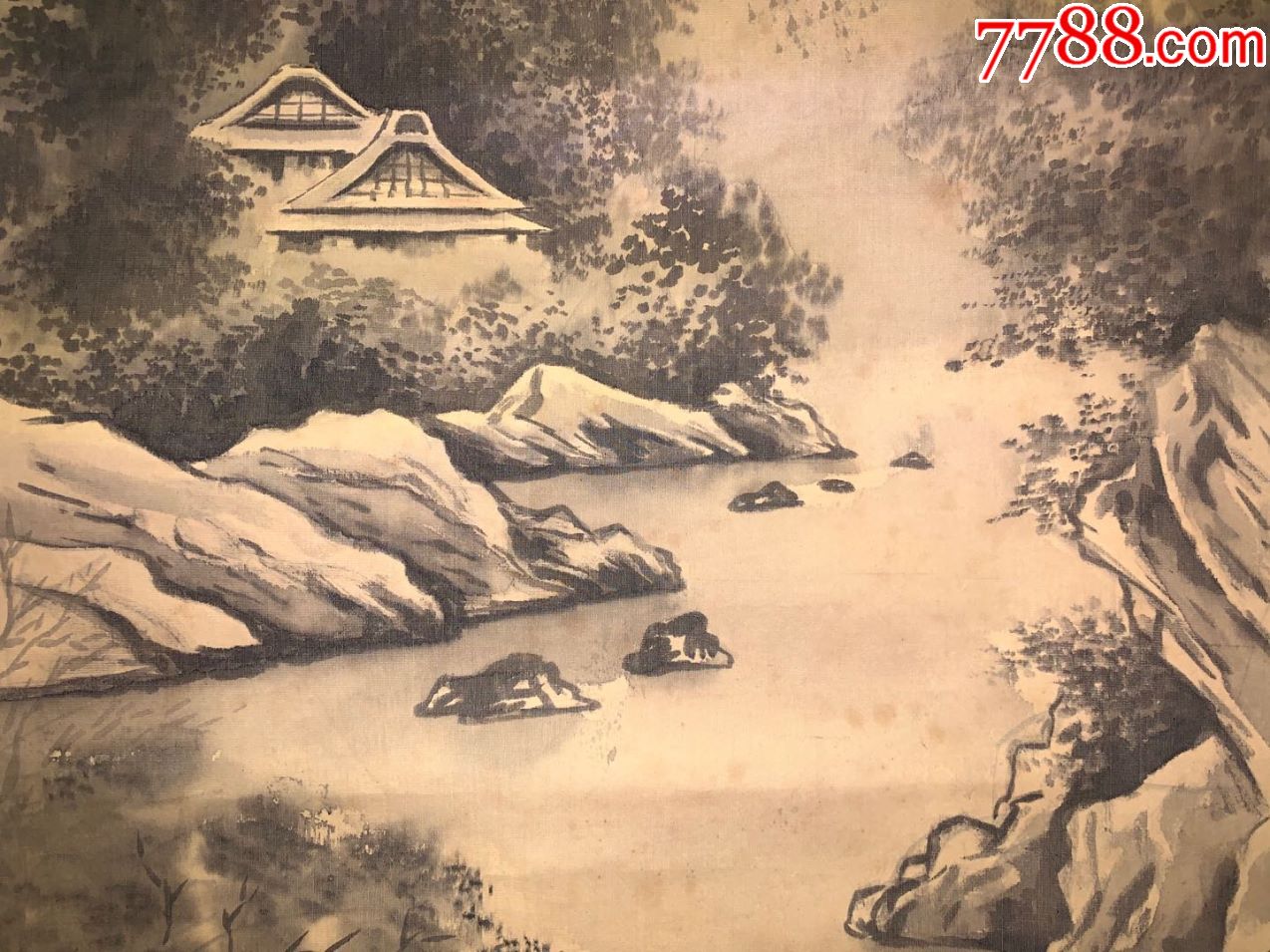水墨绢本山水古字画民国清代老字画浮世绘日本春茶室书房中2168