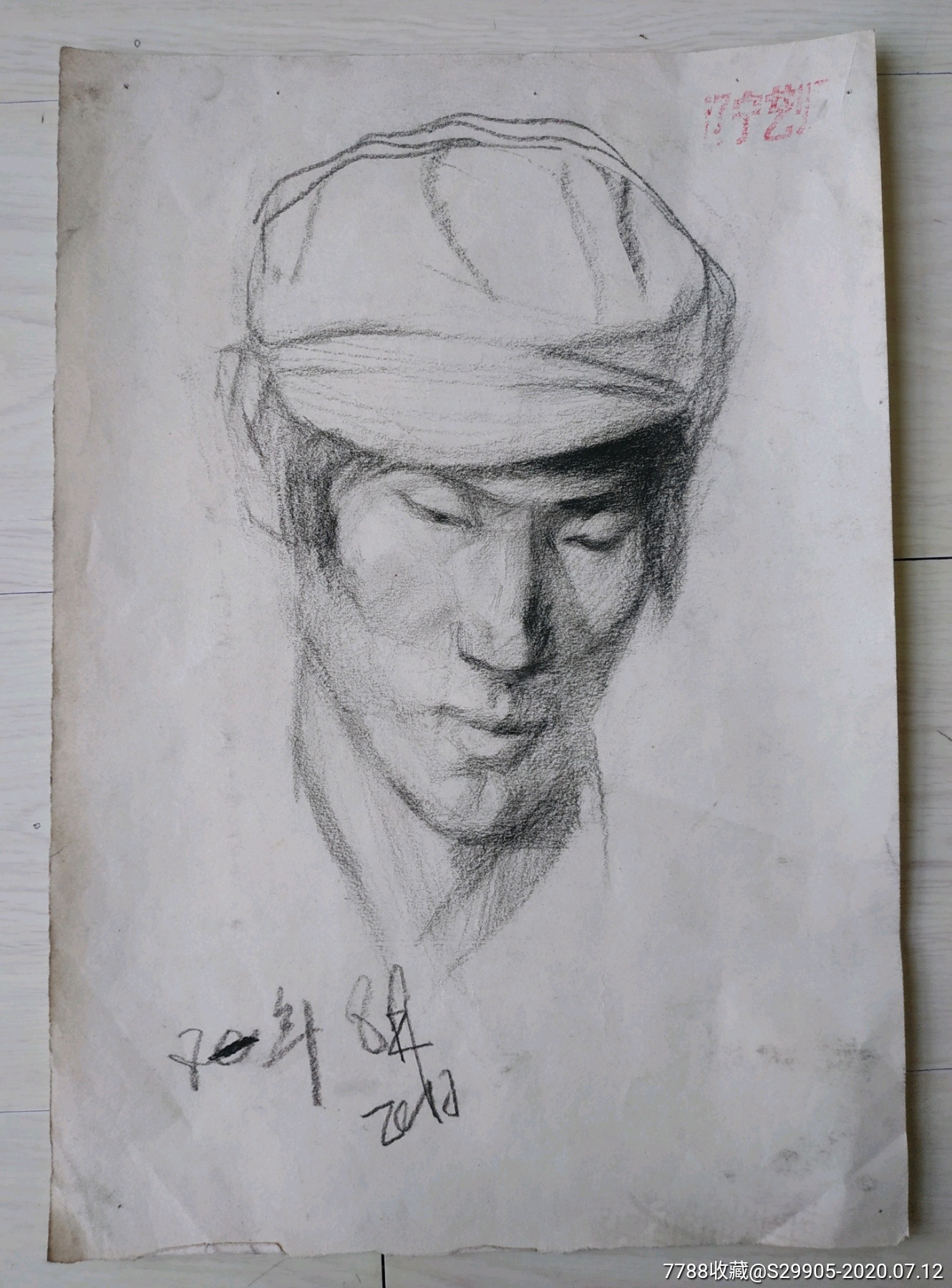 鲁美教授素描作品:戴帽子的男子头像-素描/速写-7788