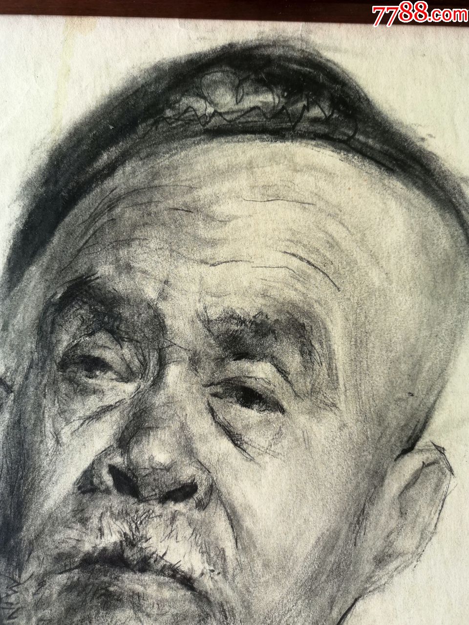 素描/速写 >> 80年代高水准木炭条手绘人物肖像素描原作《新疆老人