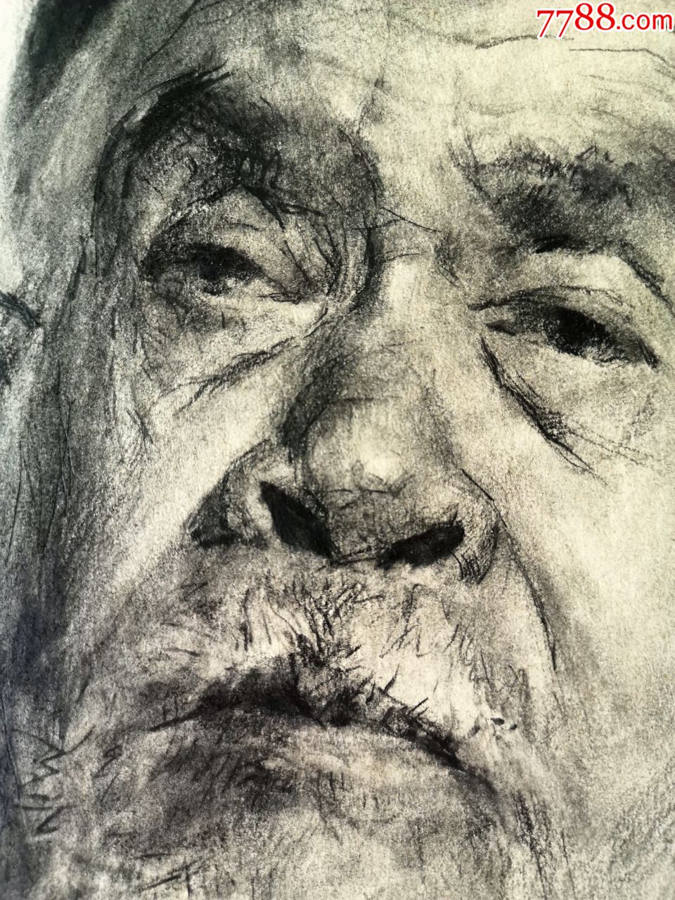 素描/速写 >> 80年代高水准木炭条手绘人物肖像素描原作《新疆老人