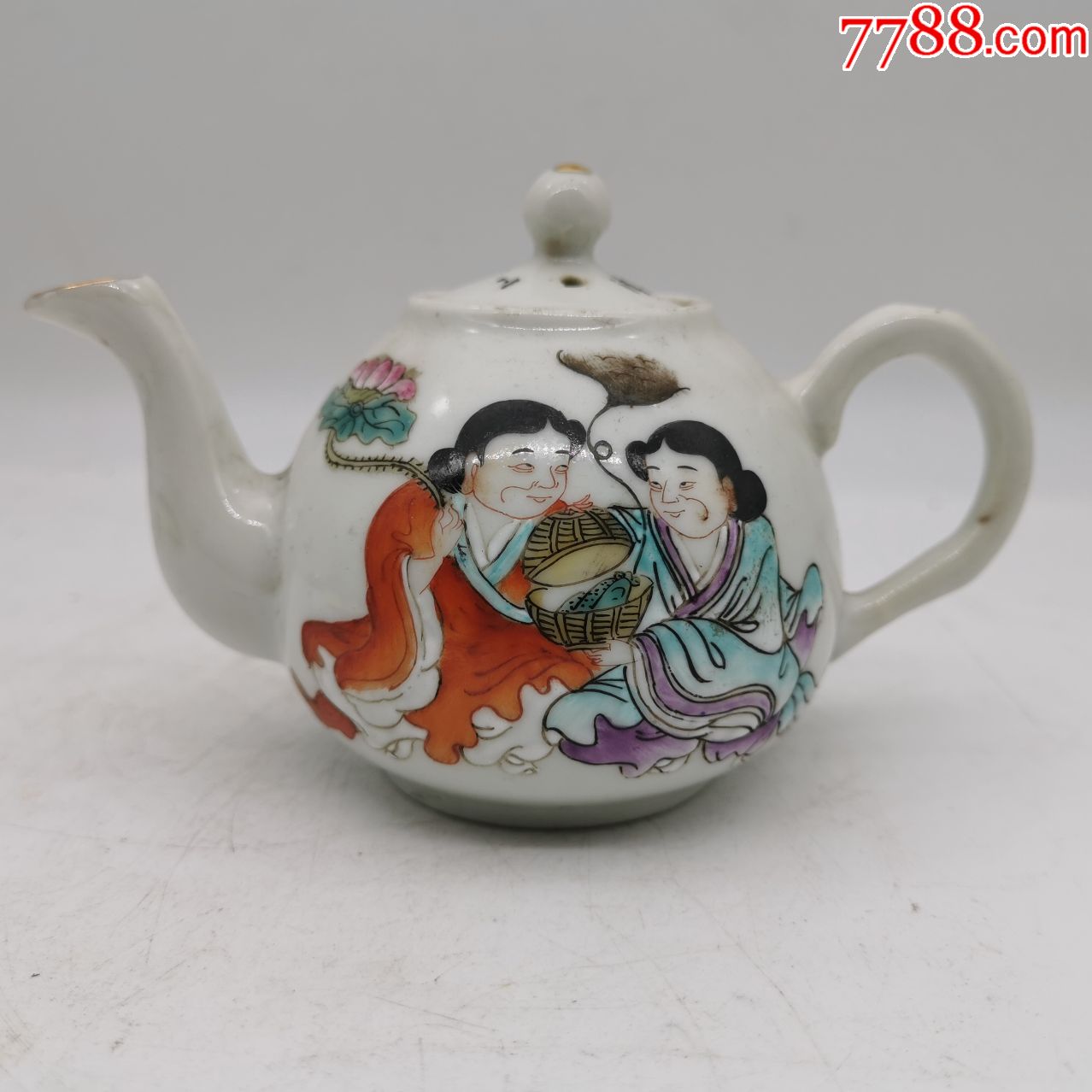 民国江西胡源泰出品粉彩和合二仙瓷茶壶古玩瓷器人物瓷壶端把茶壶