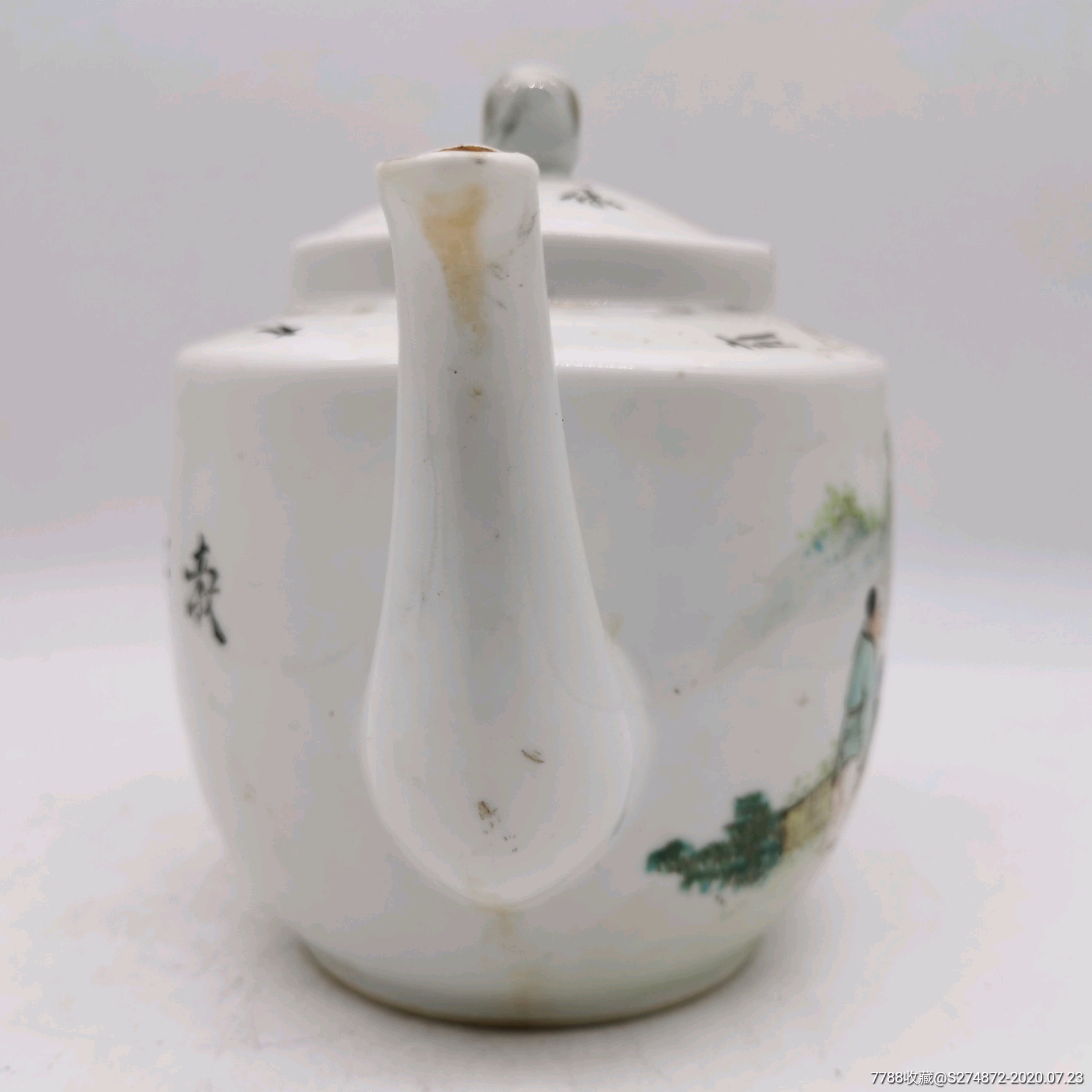 清代名家汪章浅降彩人物茶壶古玩瓷器茶具瓷壶收藏老物件端把茶壶