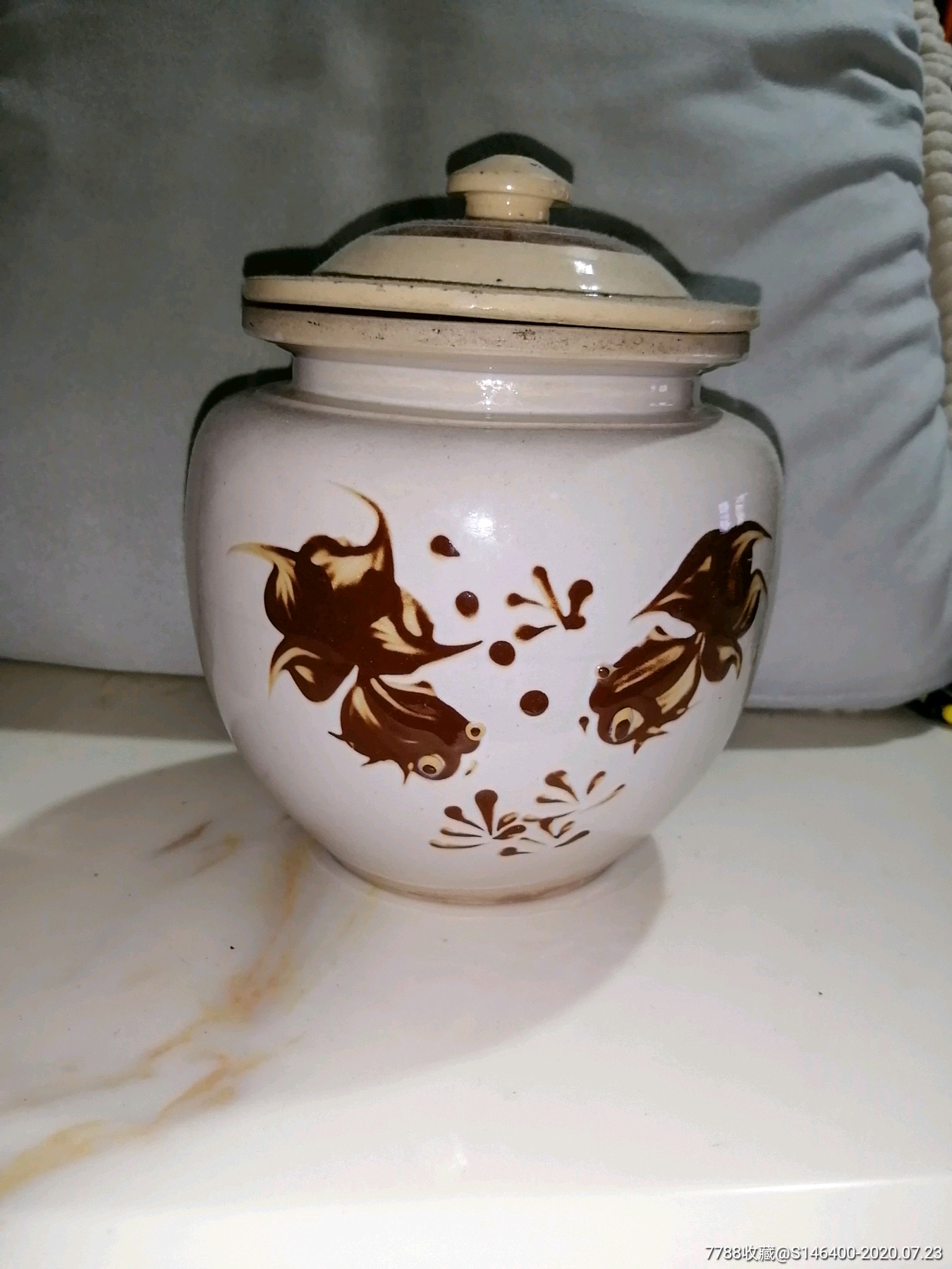 80年代荣昌窑出品好看的(金鱼)图案白糖罐子