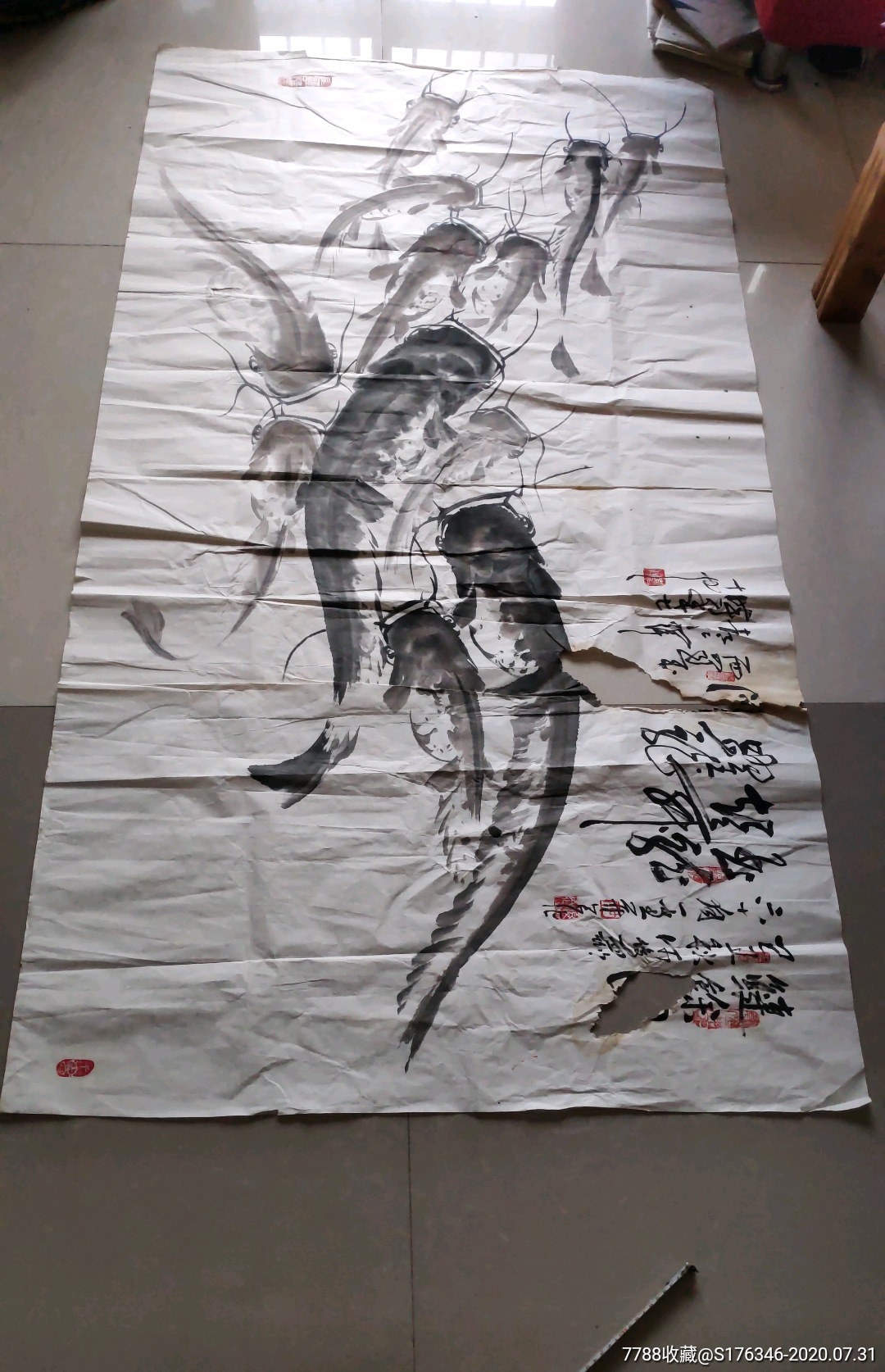 何俊德,周仁辉合作大幅国画,长177宽96,画面有缺