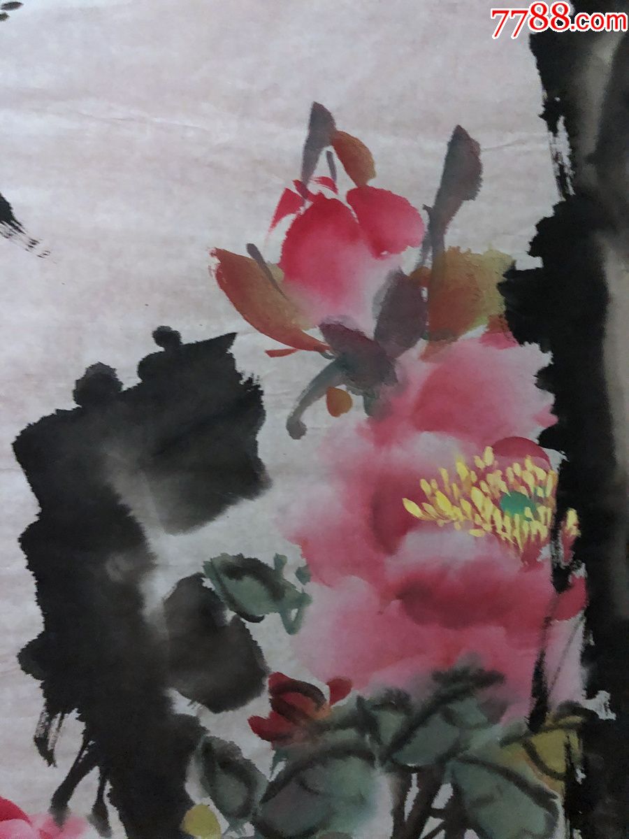 书画原作8072,著名画家【周仁辉,何俊德】花鸟画,牡丹喜鹊,四尺全开