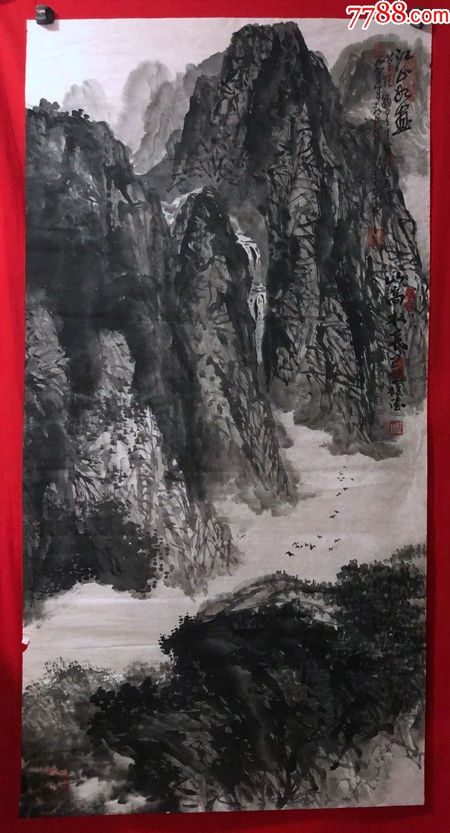 书画原作8075,著名画家【周仁辉,何俊德】山水画,江山如画,四尺全开