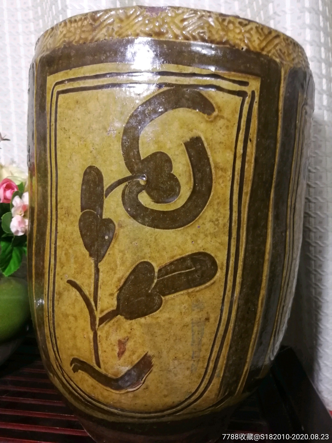 老物件!清代马口窑老坛子!四面开窗写意花鸟坛子!高34公分重8斤!