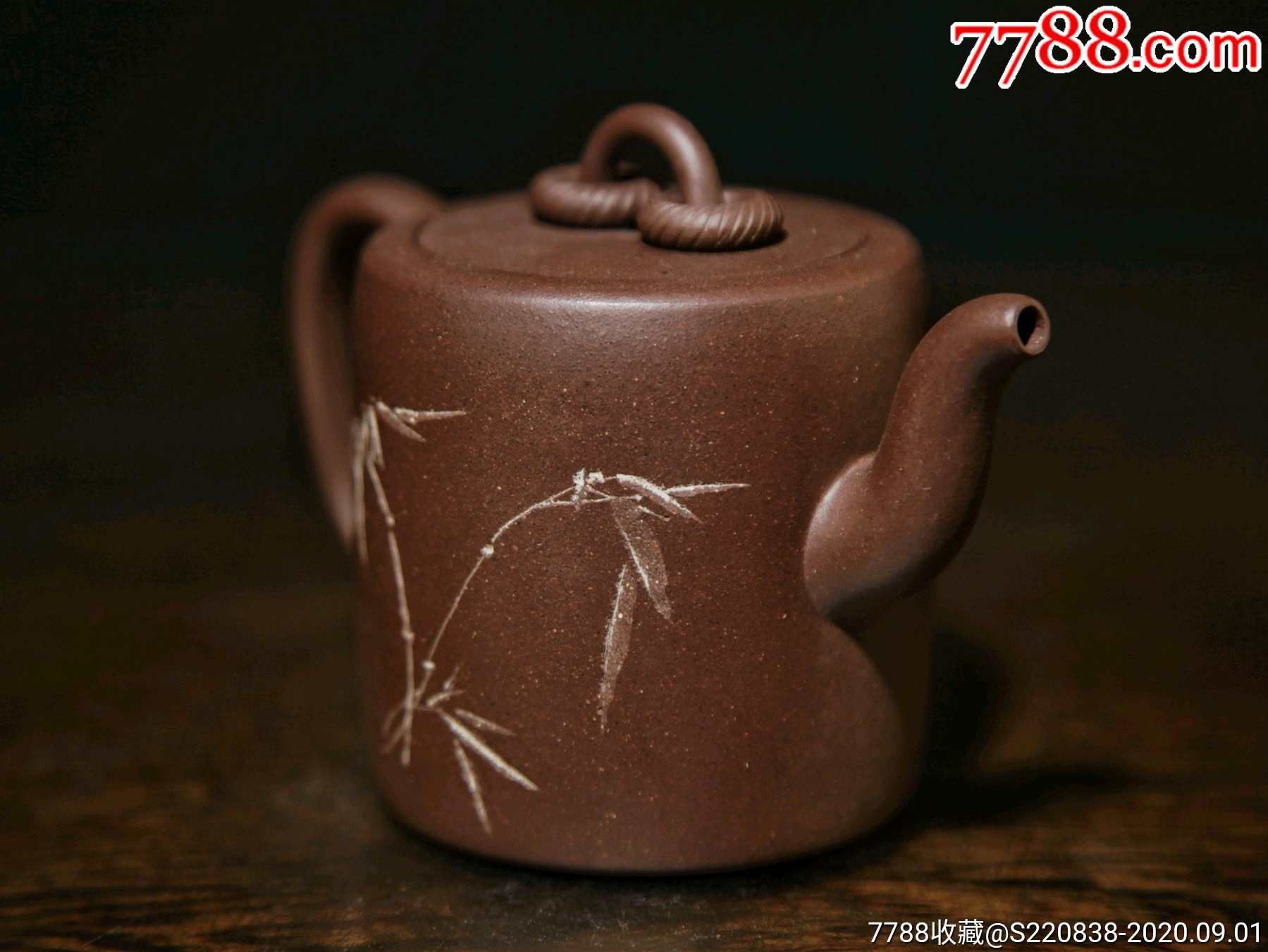 紫砂一厂九十年代郑正华制小石刻拼紫泥双圈紫砂壶