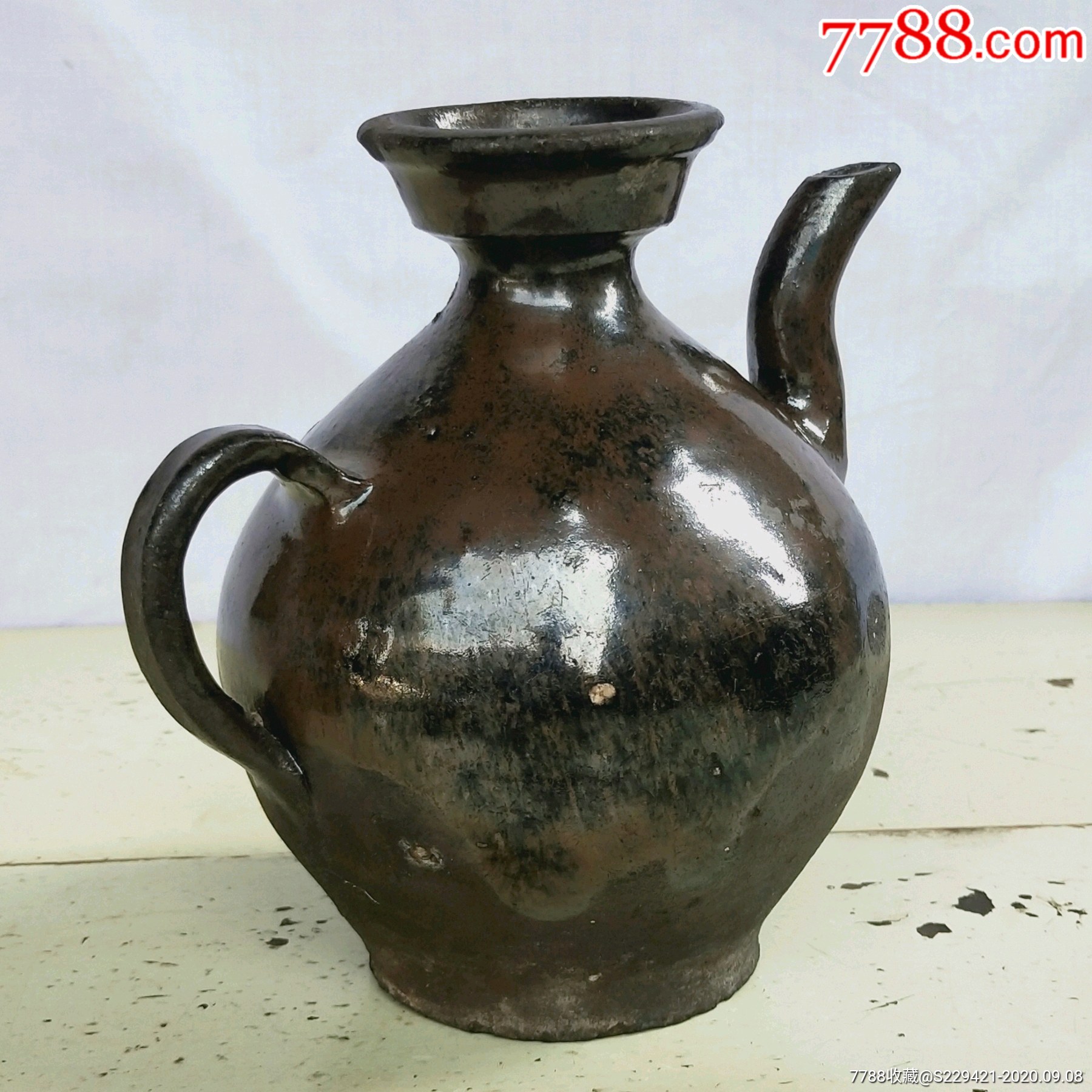 清代老酒壶古董陶器手工黑陶窑变釉瓶装饰收藏品真品