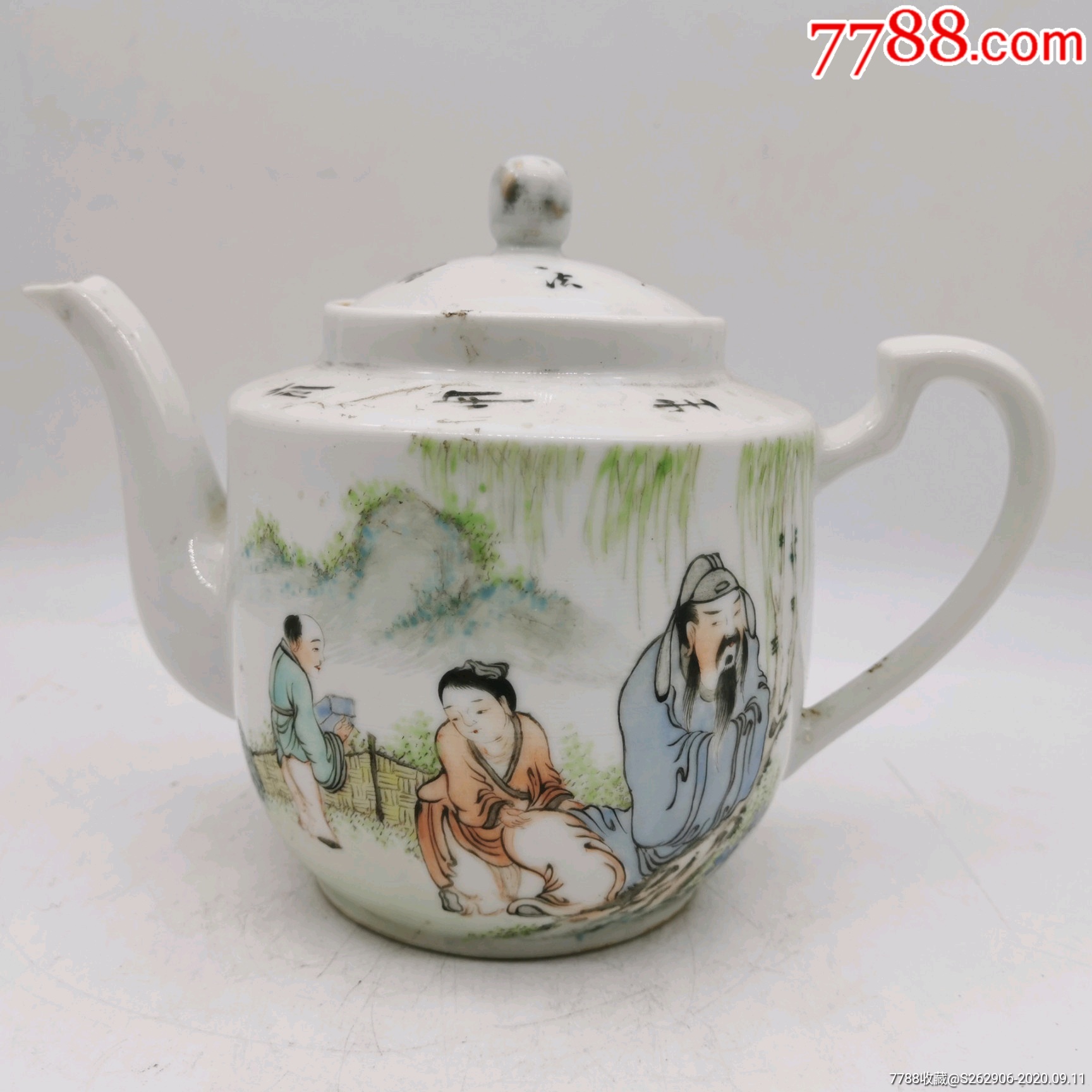 清代名家汪章浅降彩人物茶壶古玩瓷器茶具瓷壶收藏老物件端把茶壶