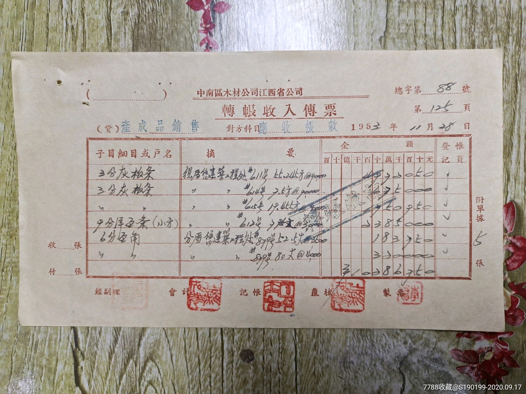 中南区木材公司江西省公司现金收入传票(产产品销售)-其他金融票-7788