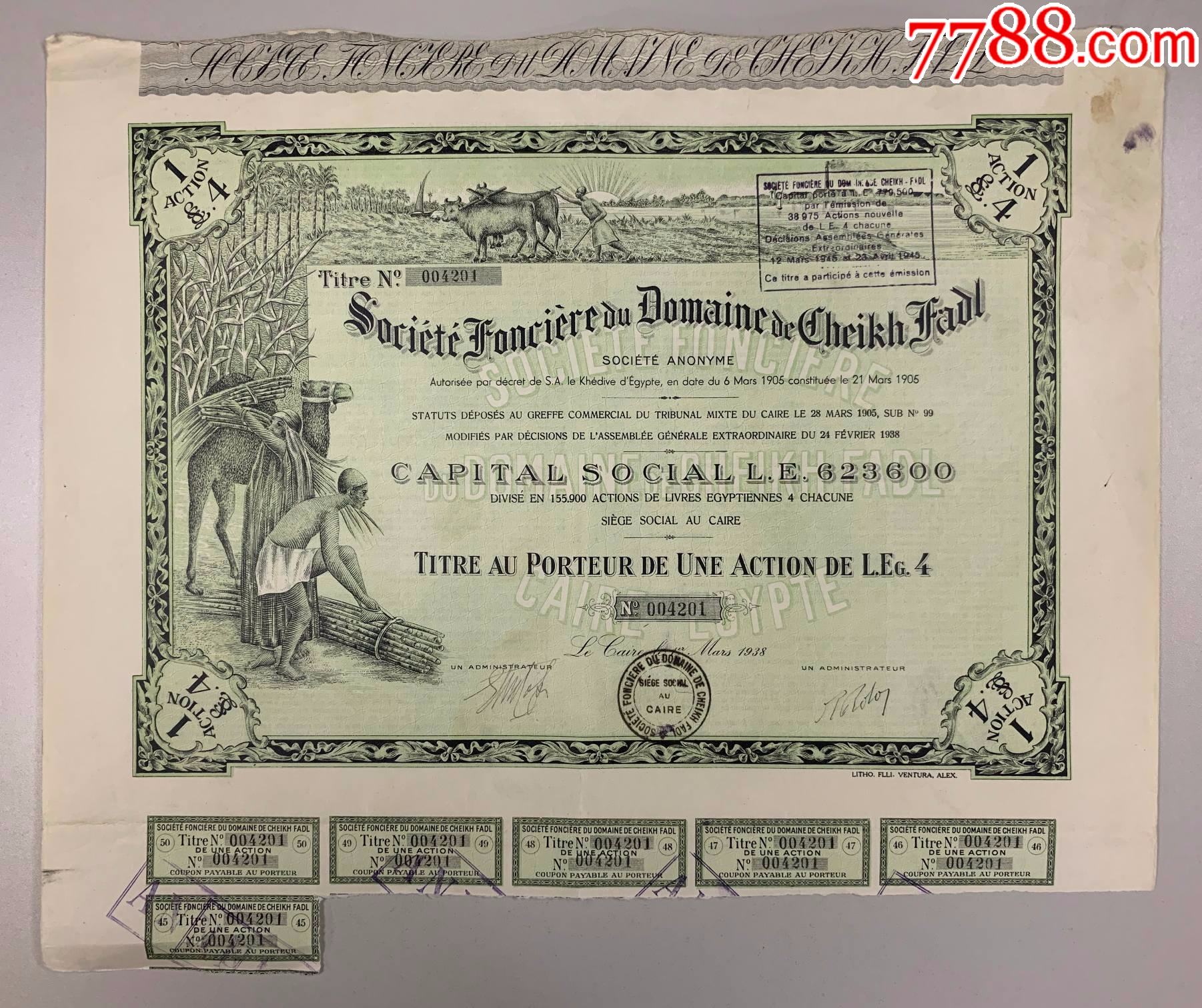百国证券精品1938年非洲埃及老股票