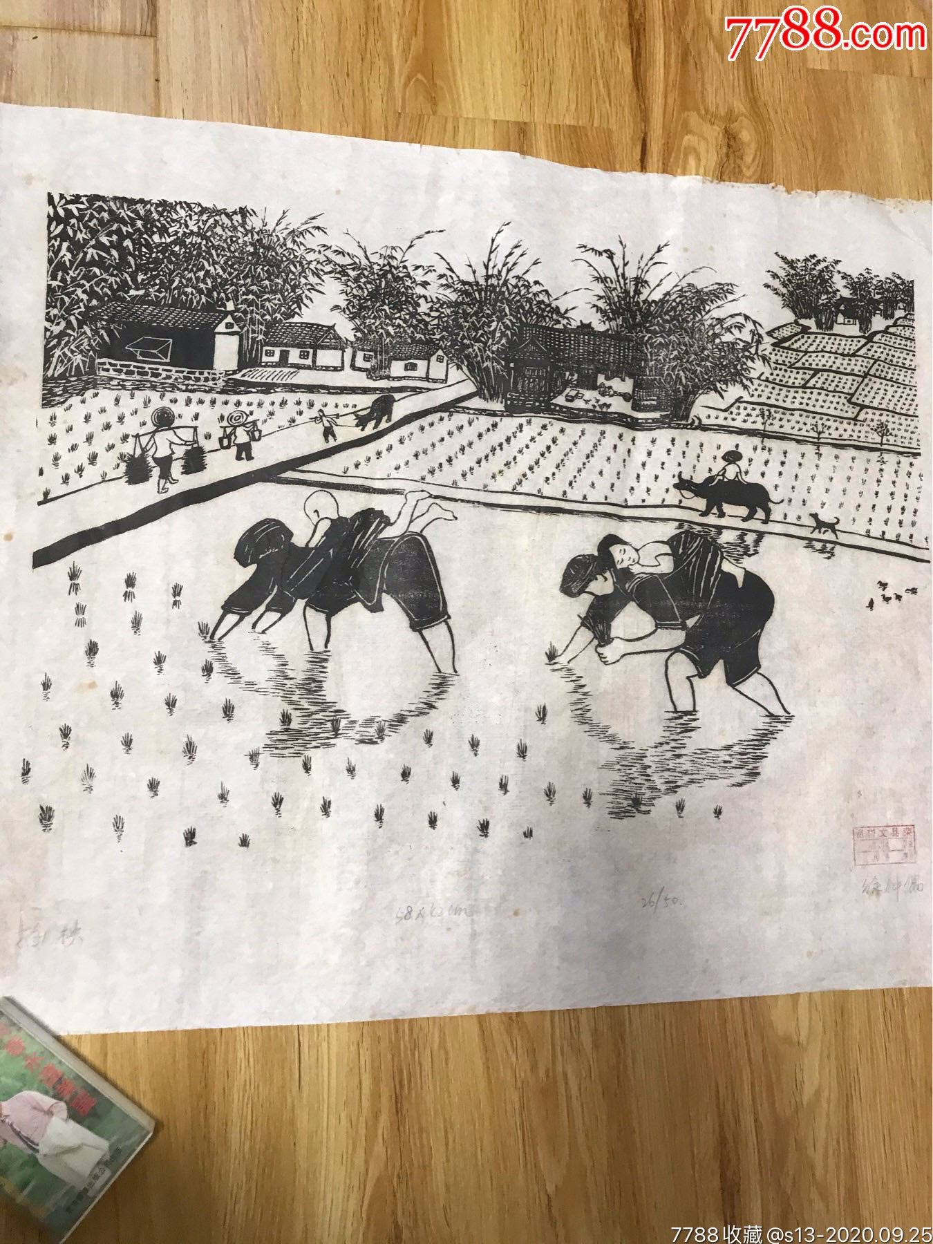 中美院教授徐仲偶插秧1982年保真木刻