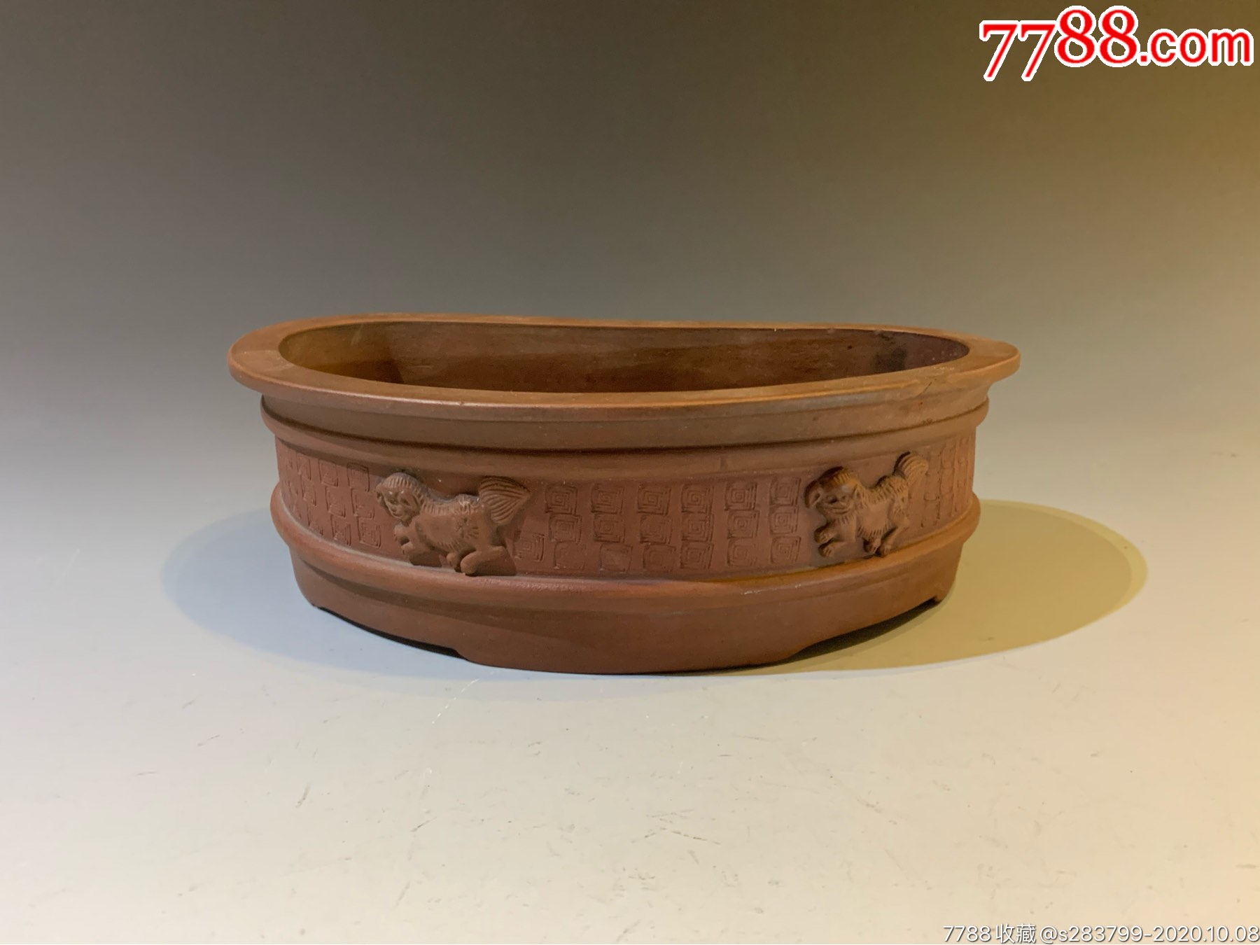 清早期紫砂贴花四世同堂紫砂水仙盆古董古瓷器