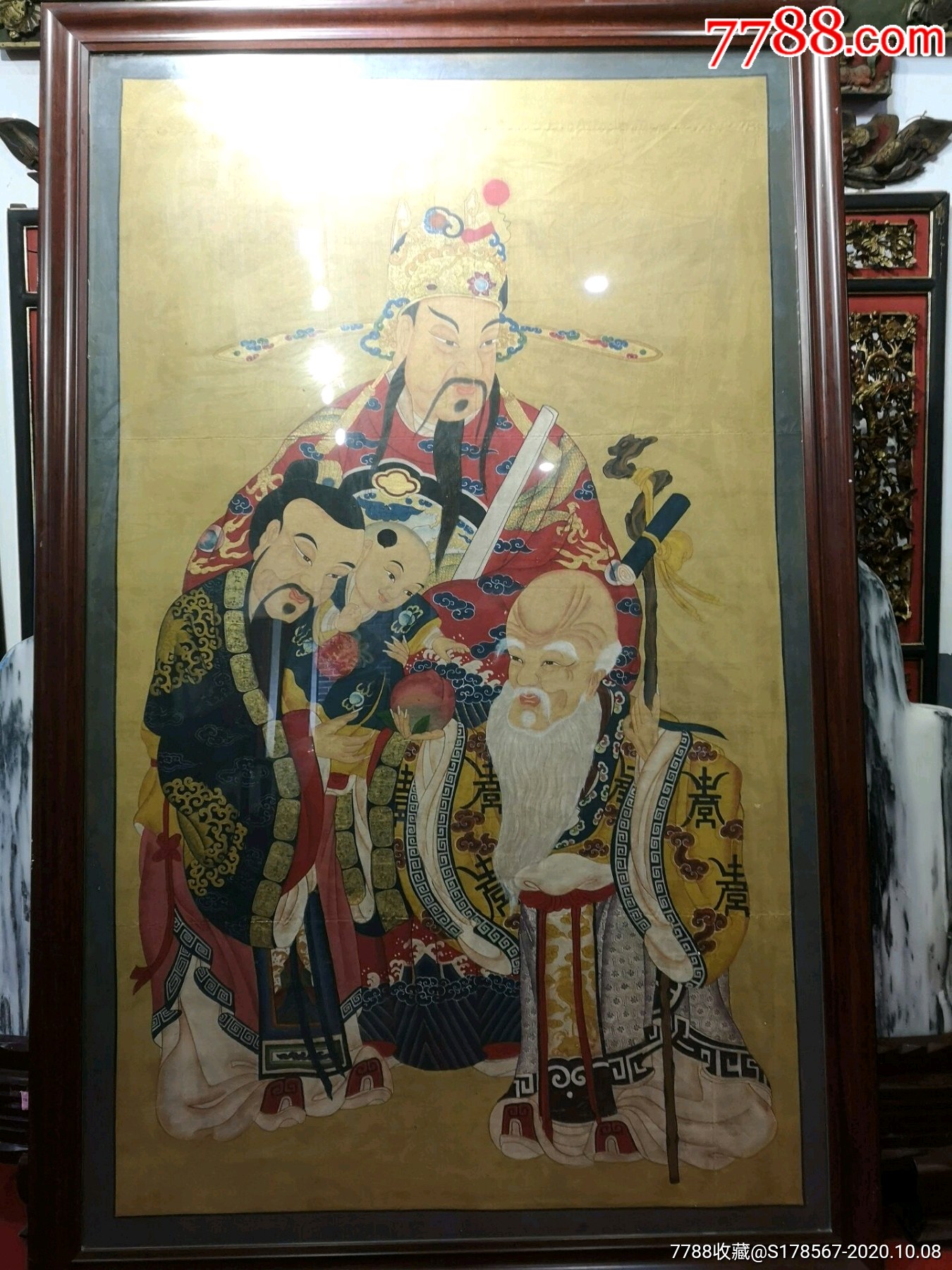 《福禄寿》清代布画矿物彩描金老画国画人物画精品画像保真包老