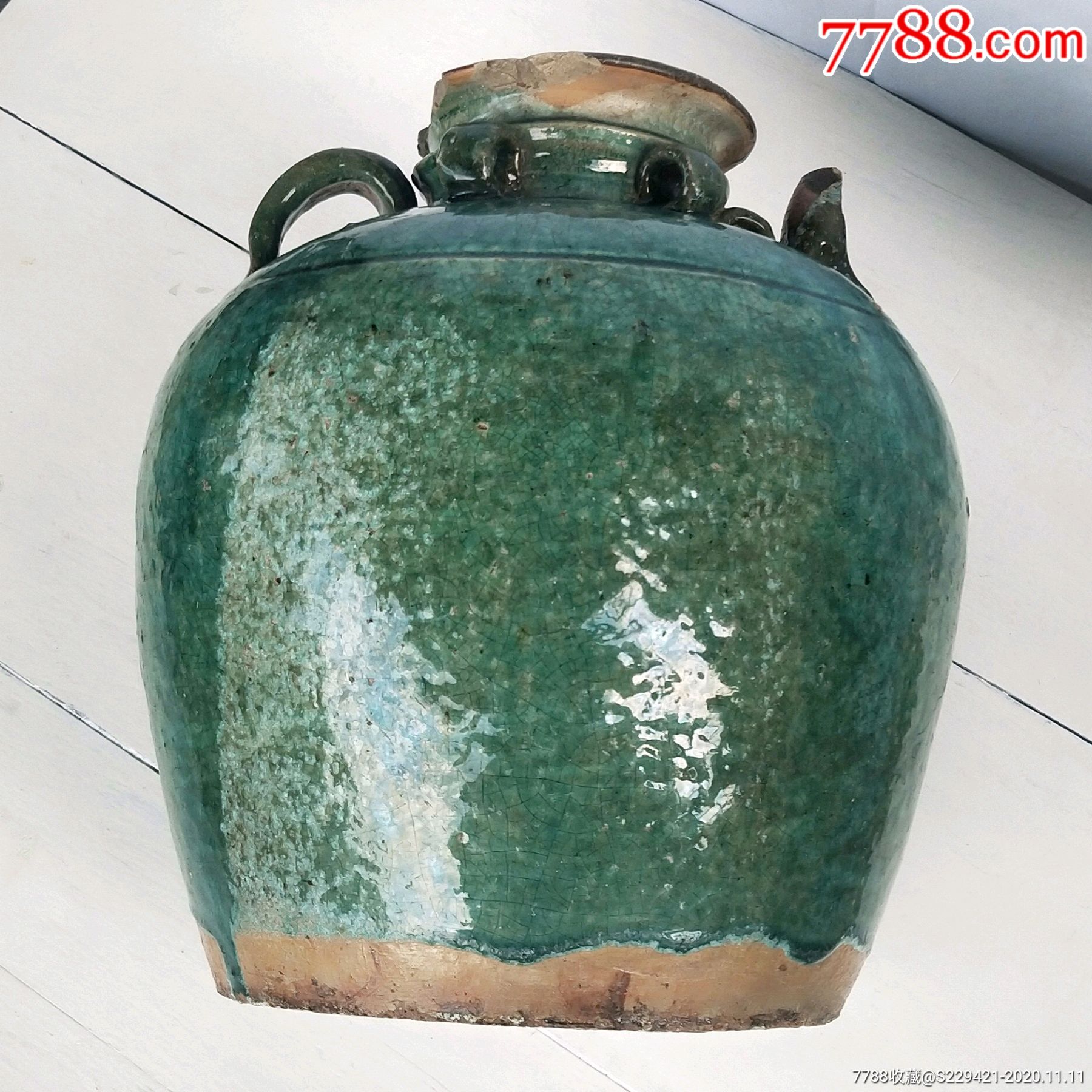 清代绿釉酒壶古董陶器原创设计耳系坛子摆件收藏品真品