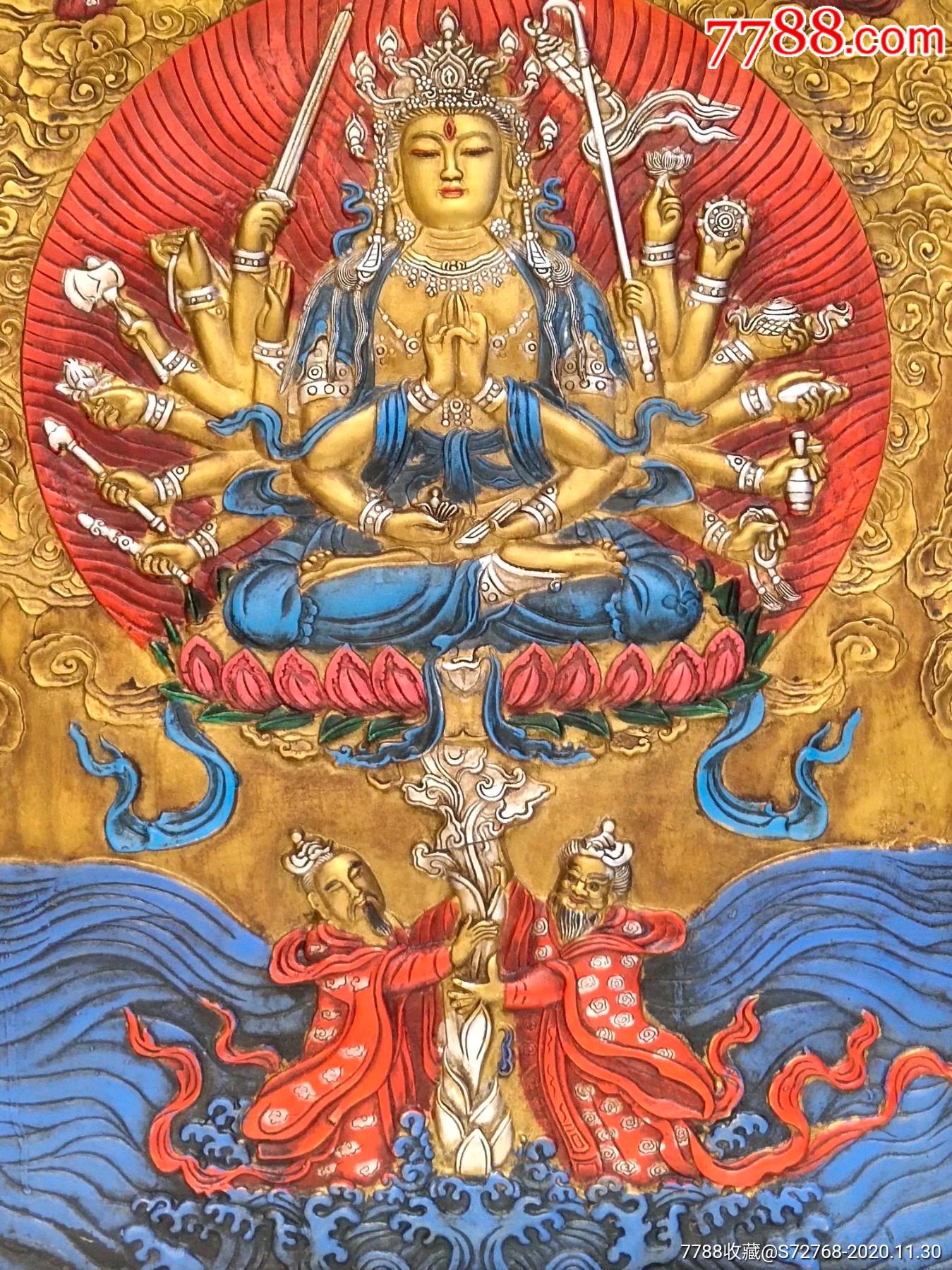 旧藏西藏木框彩绘唐卡佛像准提菩萨藏佛一尊恭请供奉家居装饰挂画