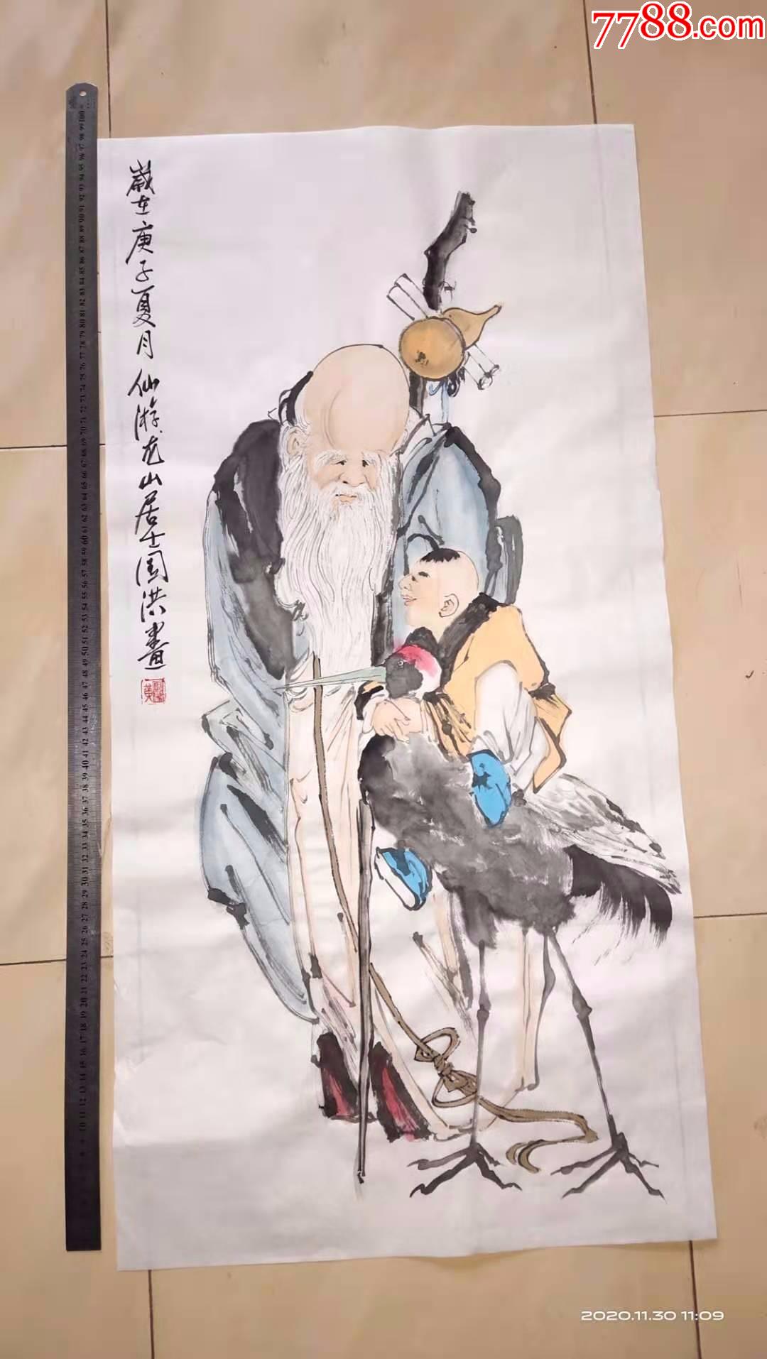 保证纯手工绘画,人物画国画,寿星祝寿图,那神仙童子骑