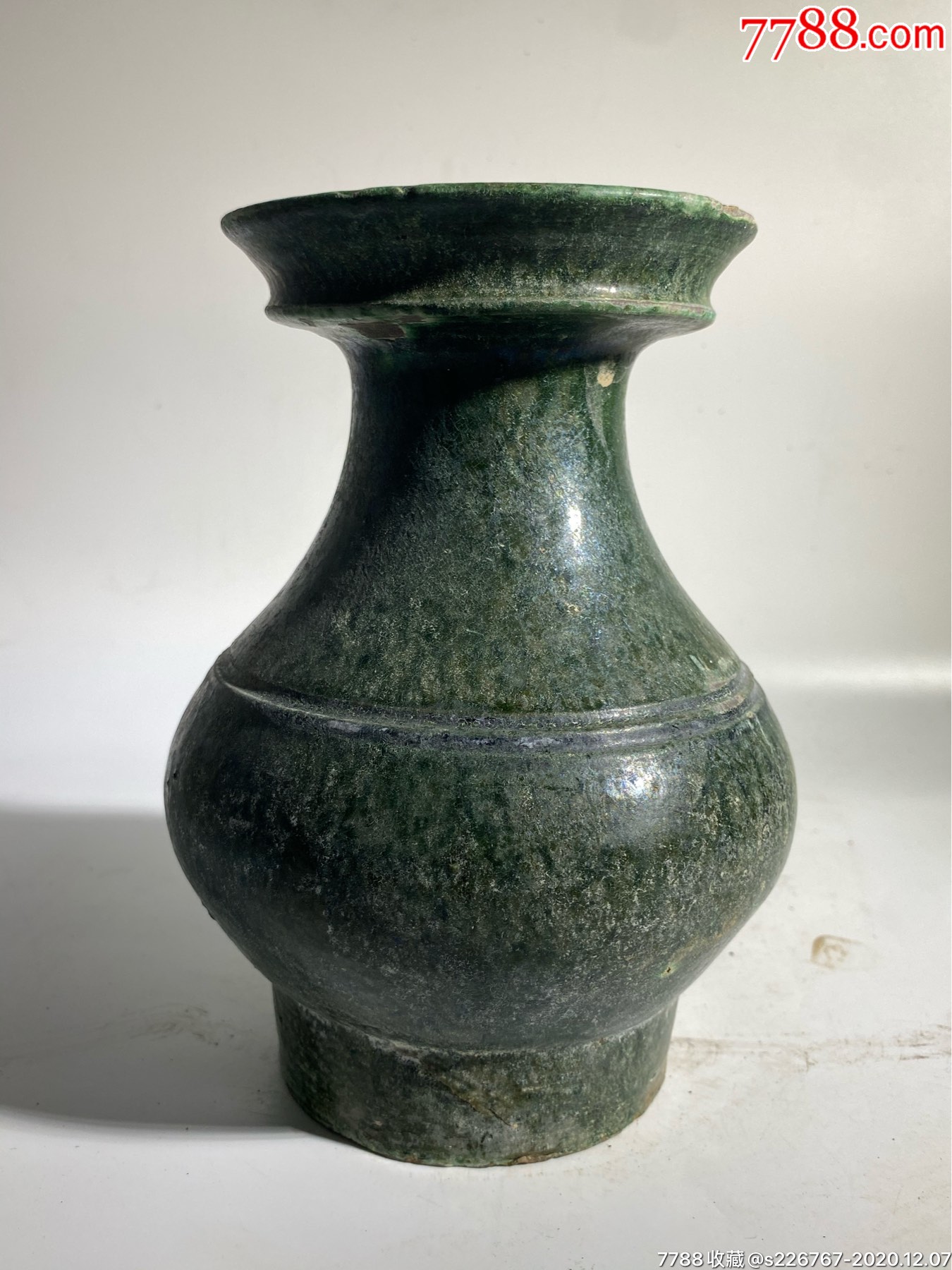 古玩陶器古董汉代绿釉陶盘口瓶