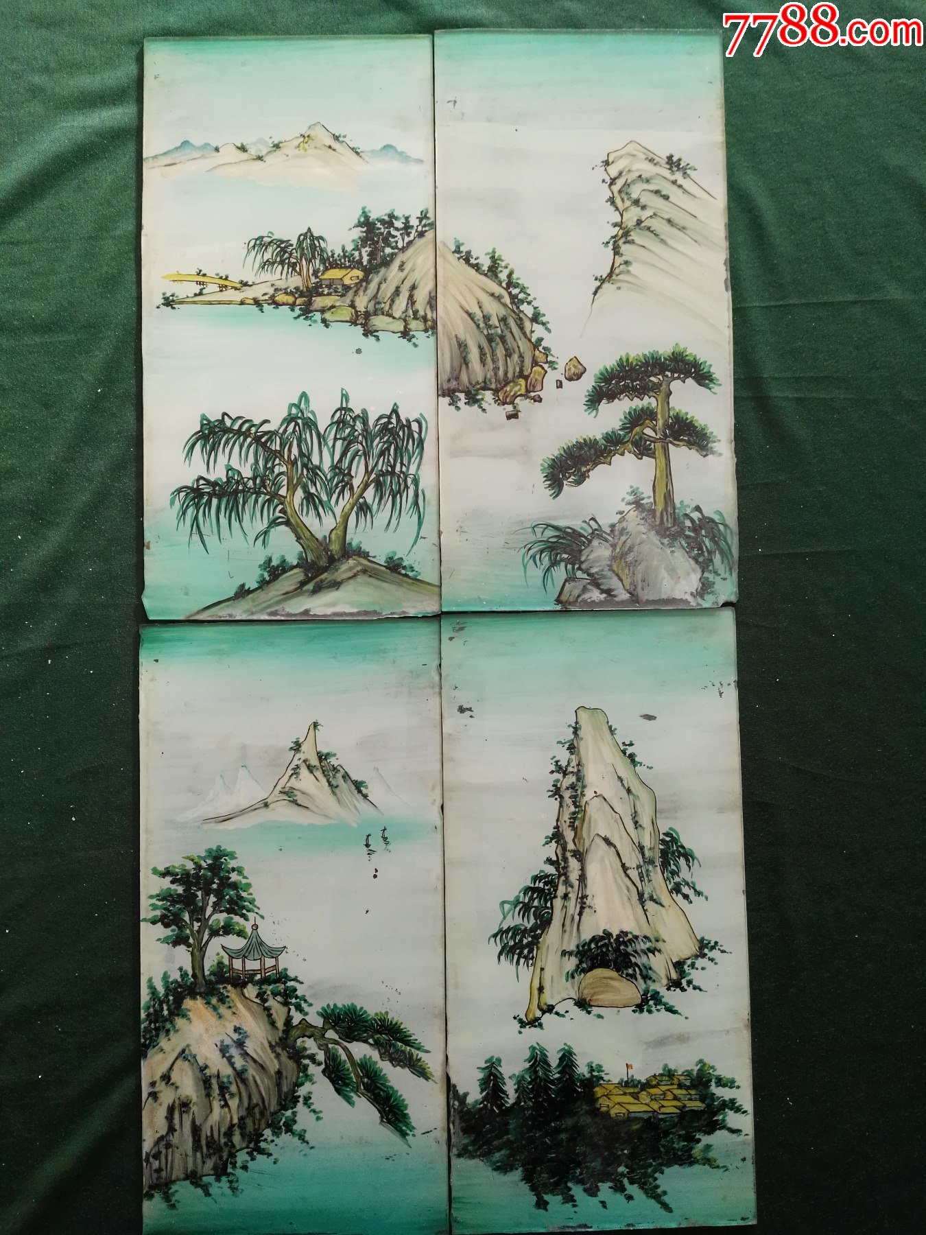60年代名家手绘山水玻璃画一套4屏