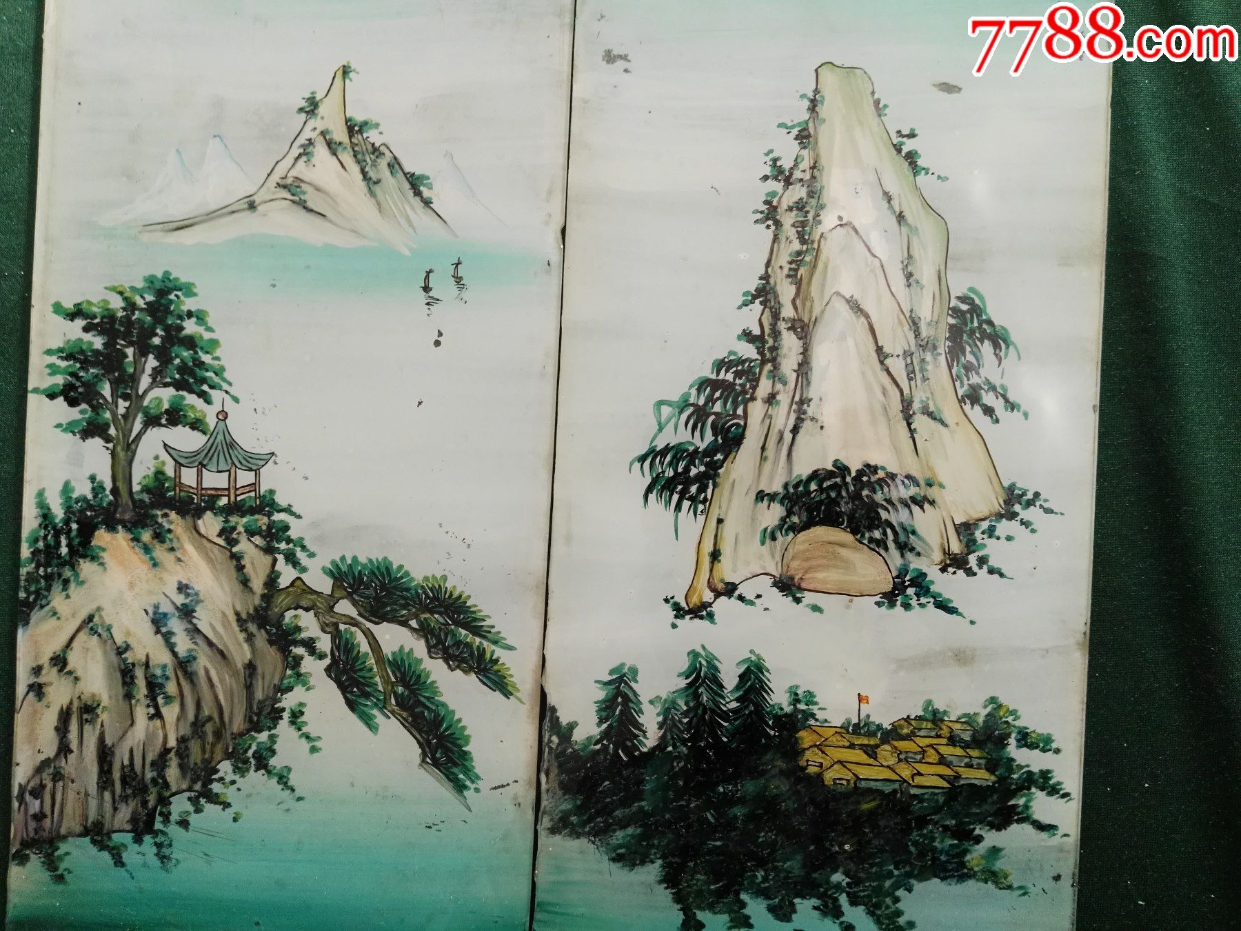 60年代名家手绘山水玻璃画一套4屏