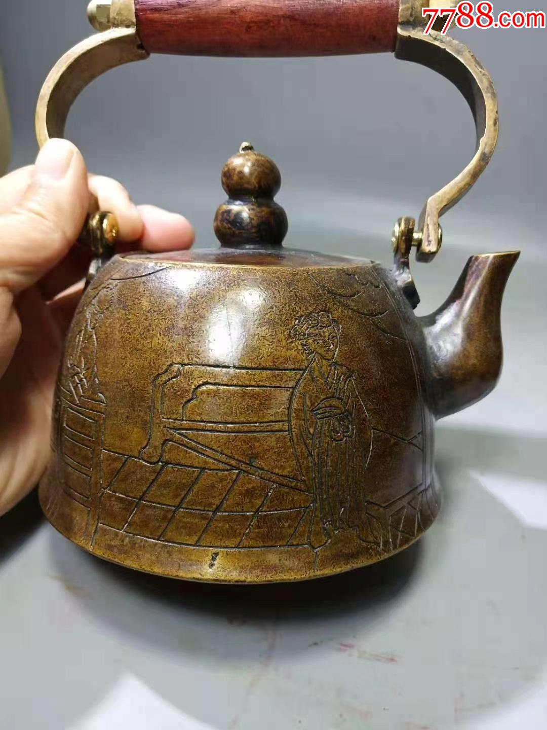 老黄铜纯手工雕刻仕女手提握把茶壶包浆一流