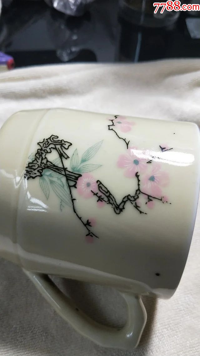 景德镇手绘水点桃花老水杯一个12/9cm-搪瓷-7788搪瓷收藏