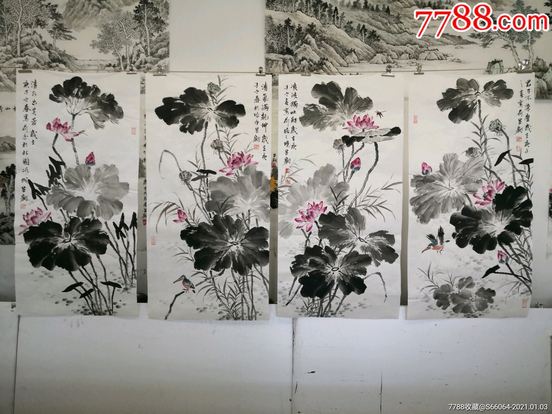 三尺四条屏水墨荷花_花鸟国画原作_山水间画廊【7788火花收藏】