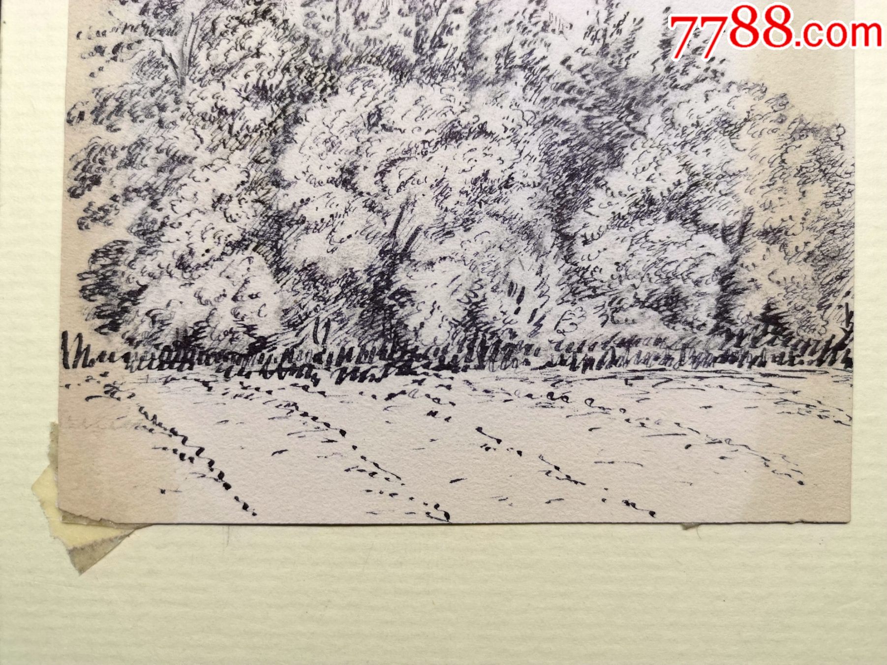 十九世纪钢笔手绘版画底稿原稿《树丛后的乡间别墅》包老包真_素描